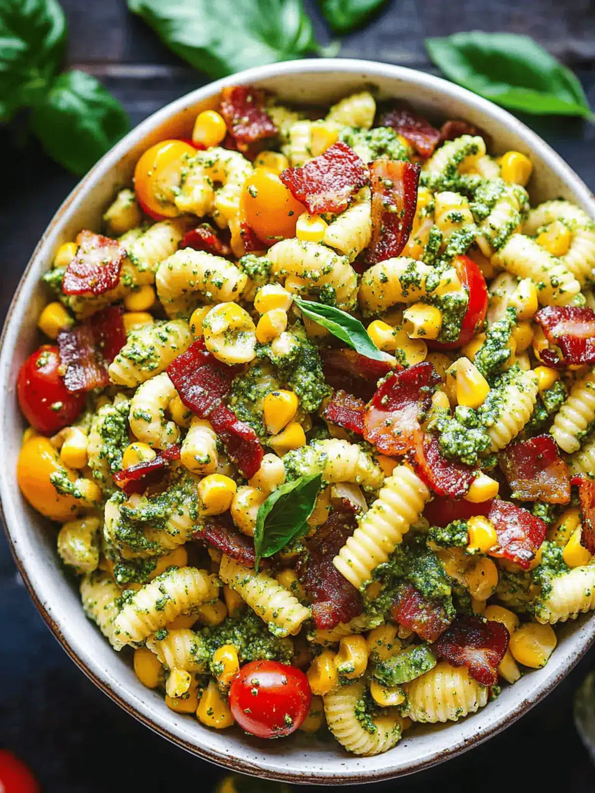 Corn Pasta Salad with Bacon and Creamy Pesto Bliss 2 Corn Pasta Salad with Bacon and Creamy Pesto Dressing