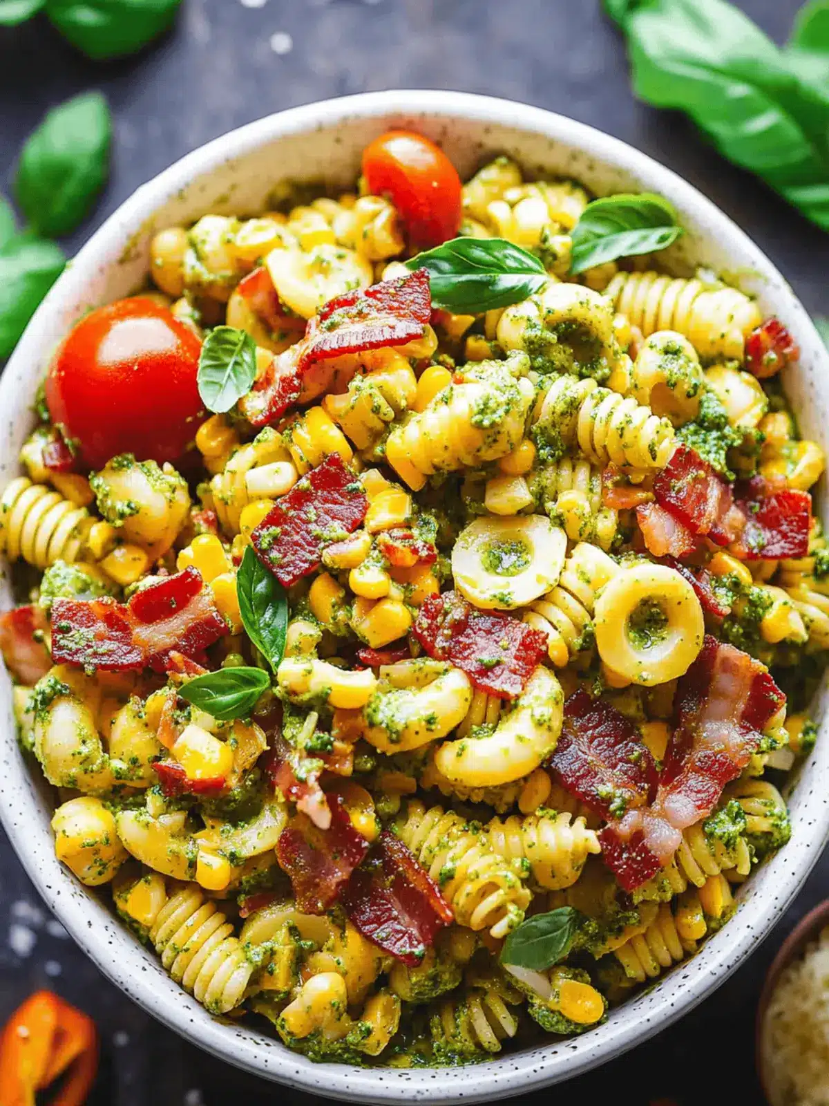 Corn Pasta Salad with Bacon and Creamy Pesto Bliss 4 Corn Pasta Salad with Bacon and Creamy Pesto Dressing