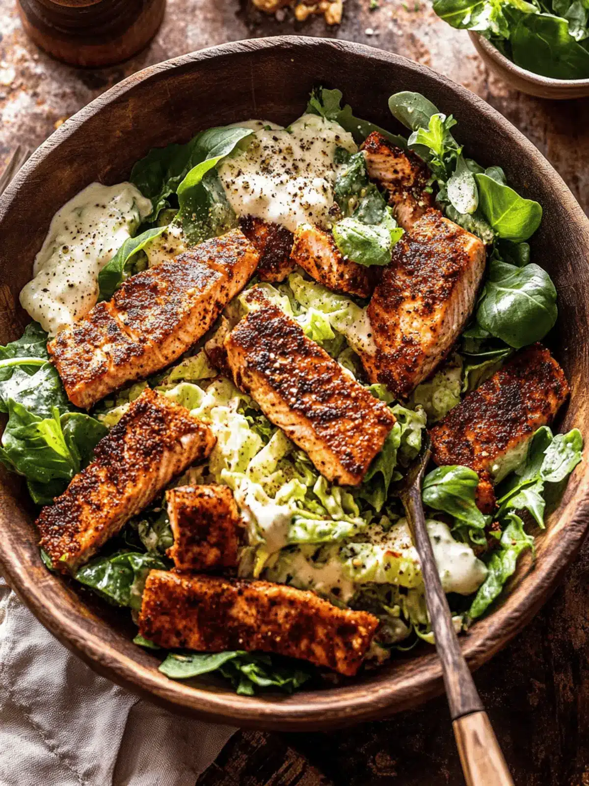 Blackened Salmon Caesar Salad with Creamy Tahini Twist 4 Blackened Salmon Caesar Salad