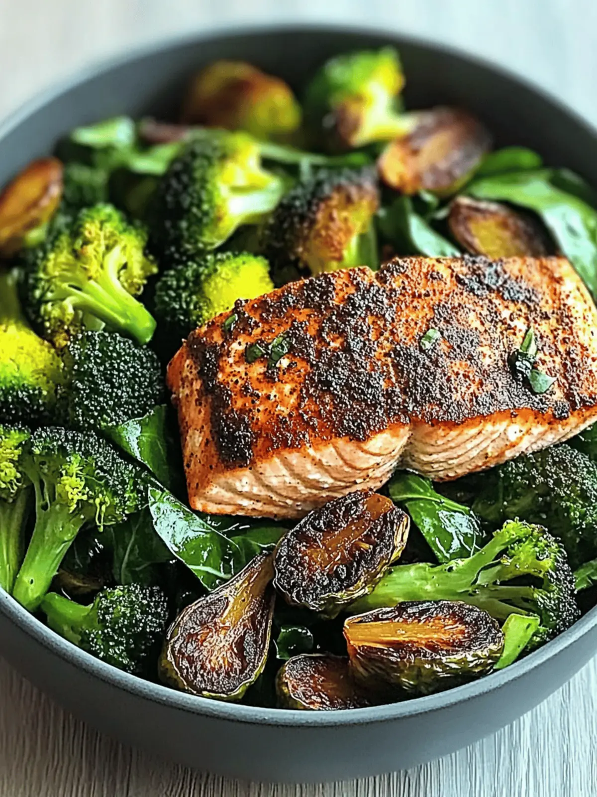 Savory Spiced Salmon Bowl with Brussels and Greens Delight 2 Spiced Salmon Bowl with Roasted Brussels, Sautéed Greens & Steamed Broccoli