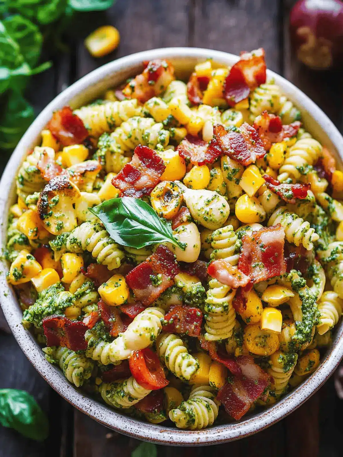 Corn Pasta Salad with Bacon and Creamy Pesto Bliss 3 Corn Pasta Salad with Bacon and Creamy Pesto Dressing