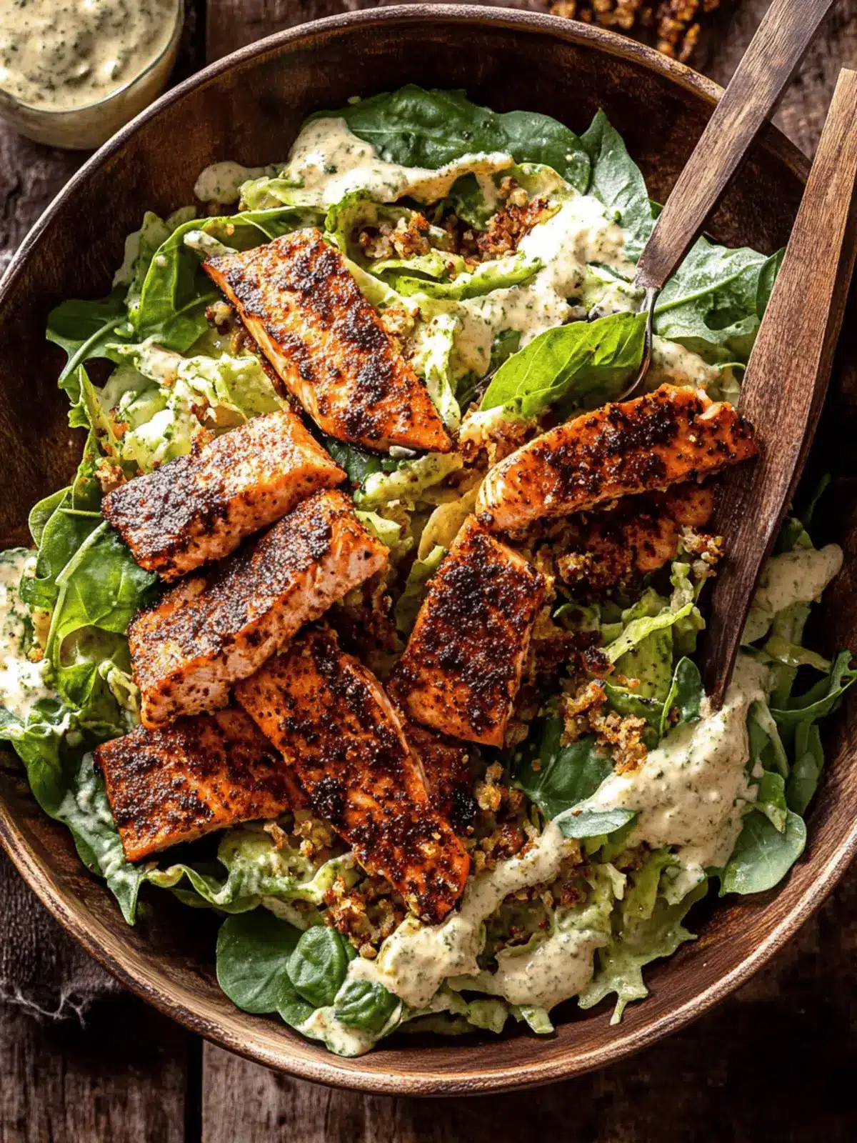 Blackened Salmon Caesar Salad with Creamy Tahini Twist 5 Blackened Salmon Caesar Salad