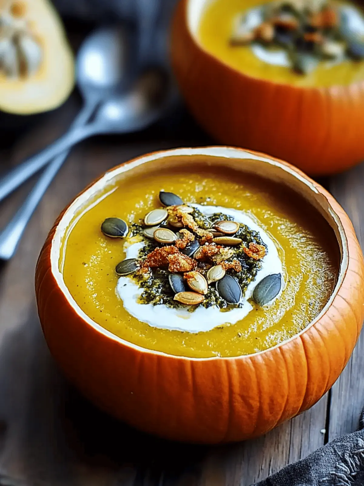 Roasted Garlic Sage Pesto Pumpkin Soup with Spicy Seeds Delight 3 Roasted Garlic Sage Pesto Pumpkin Soup with Spicy Fried Pumpkin Seeds