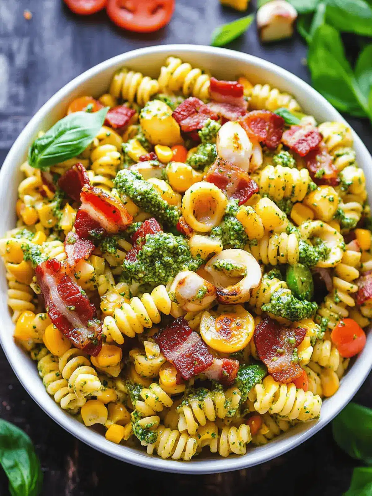 Corn Pasta Salad with Bacon and Creamy Pesto Bliss 5 Corn Pasta Salad with Bacon and Creamy Pesto Dressing