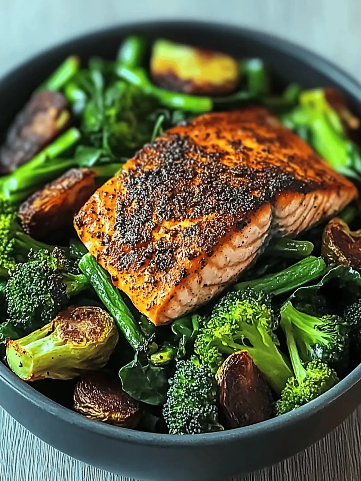 Savory Spiced Salmon Bowl with Brussels and Greens Delight 3 Spiced Salmon Bowl with Roasted Brussels, Sautéed Greens & Steamed Broccoli