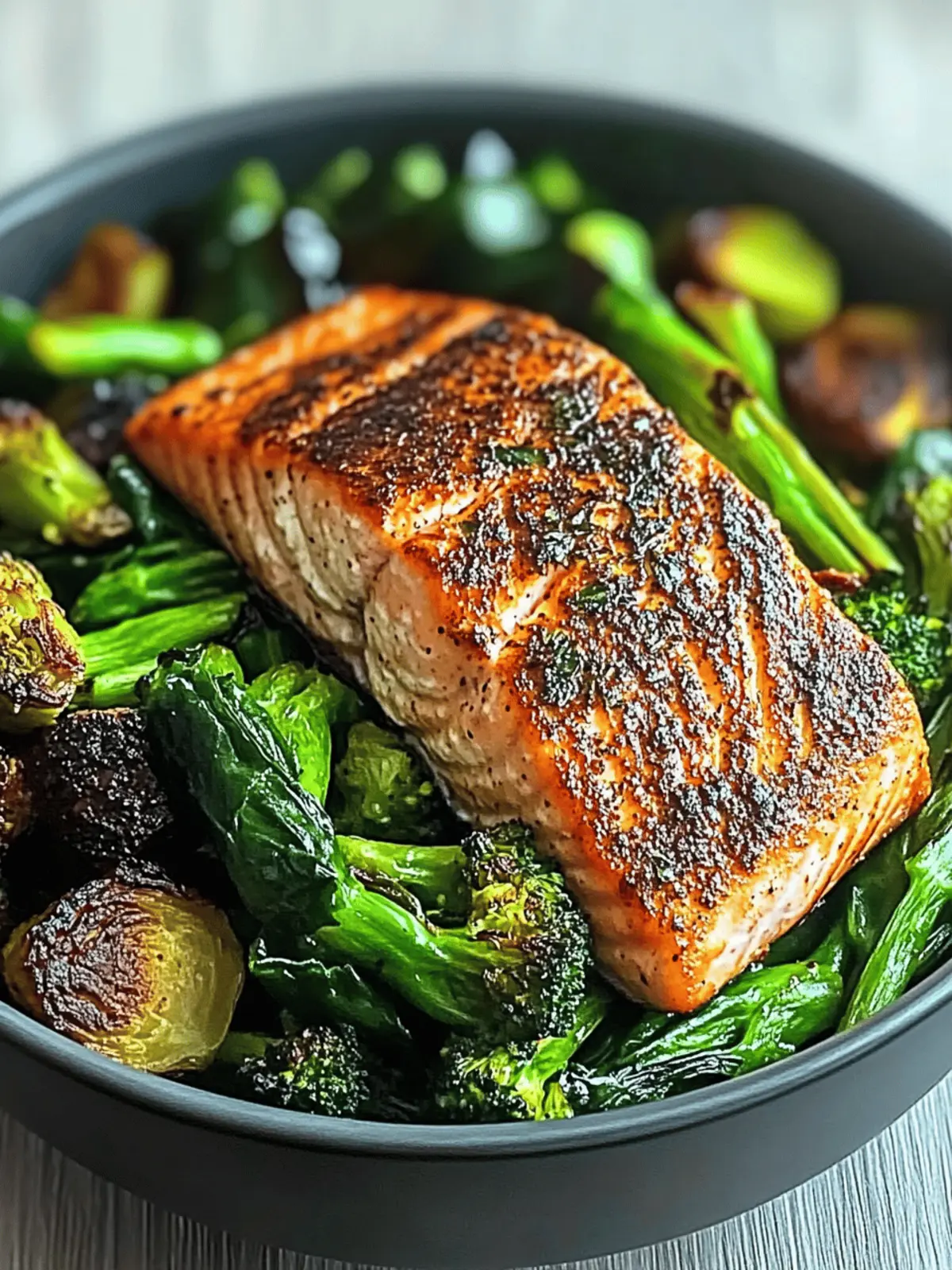 Savory Spiced Salmon Bowl with Brussels and Greens Delight 4 Spiced Salmon Bowl with Roasted Brussels, Sautéed Greens & Steamed Broccoli