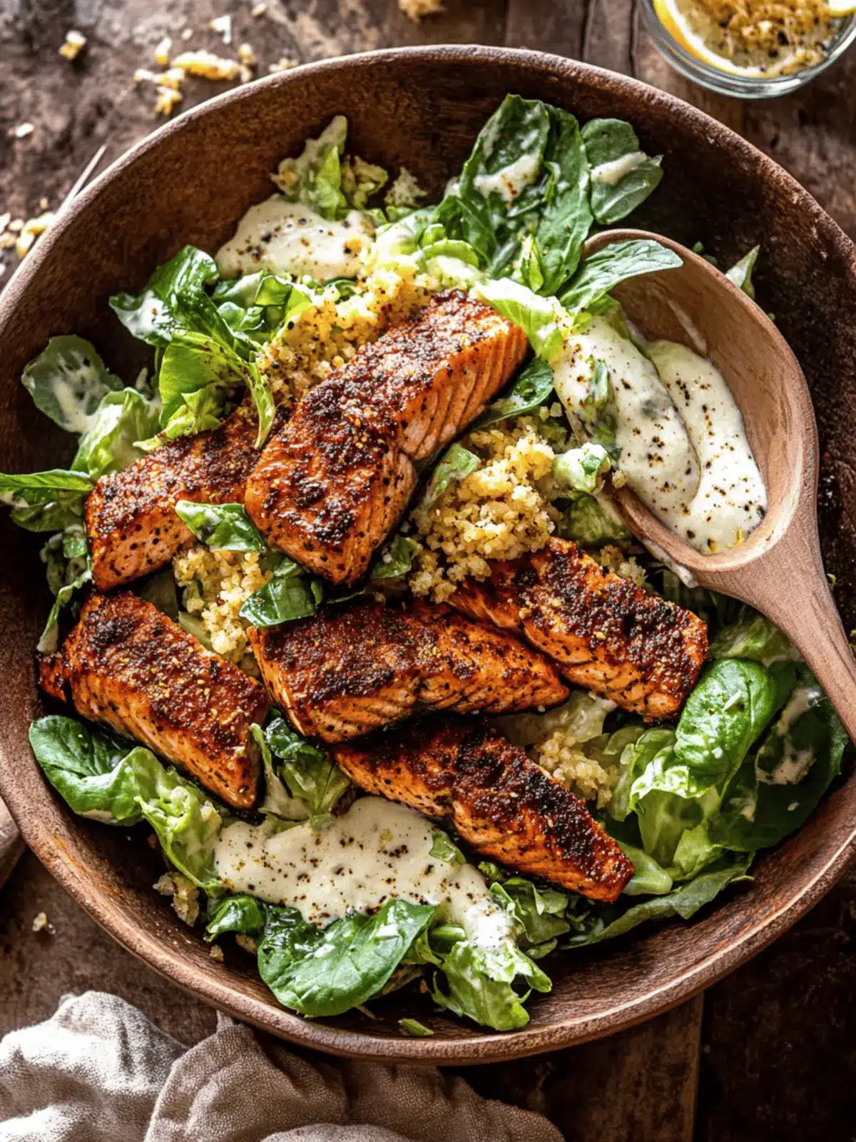 Blackened Salmon Caesar Salad with Creamy Tahini Twist 2 Blackened Salmon Caesar Salad