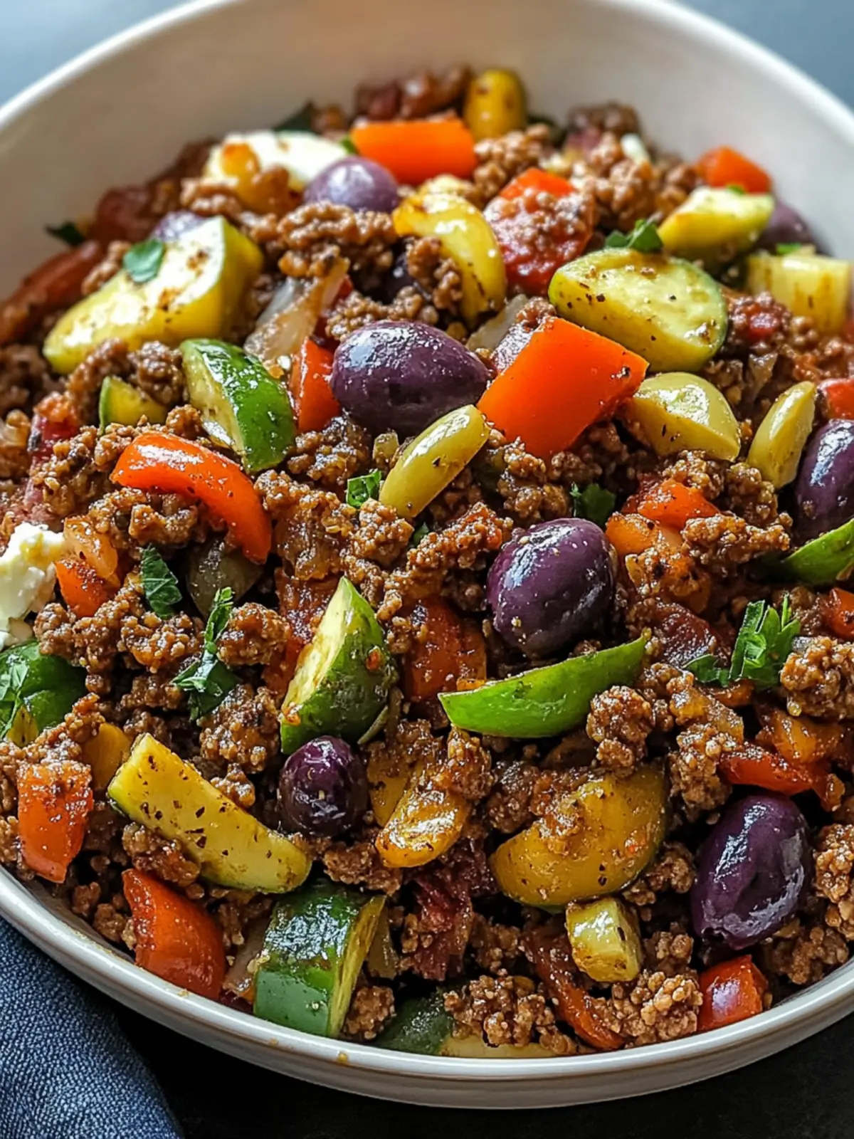 Mediterranean Ground Beef Stir-fry with Olives & Feta in 30 Minutes 2 Mediterranean Ground Beef Stir-fry with Olives & Feta