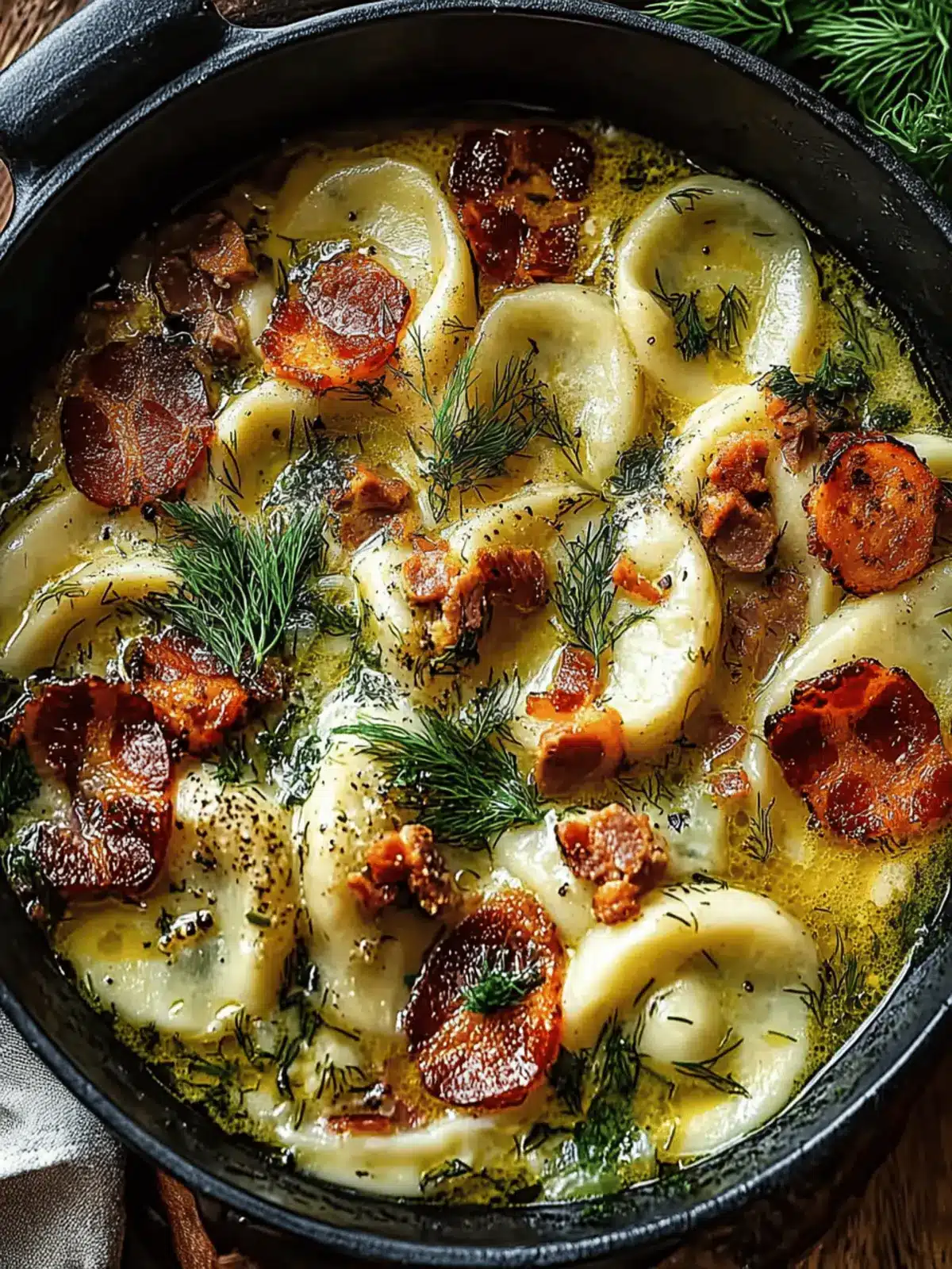 Comforting Smoky Pierogi Soup with Bacon, Chicken Sausage & Dill Oil 5 Smoky Pierogi Soup with Bacon, Chicken Sausage & Dill Oil