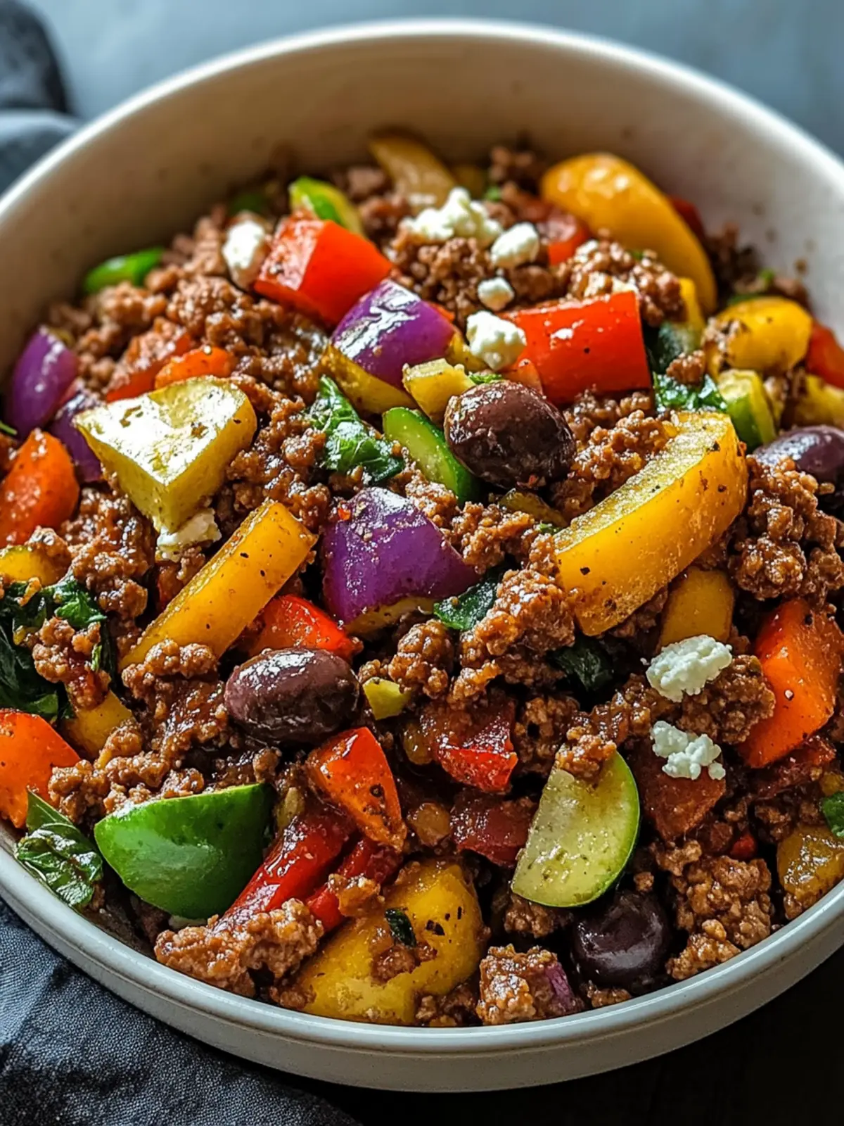 Mediterranean Ground Beef Stir-fry with Olives & Feta in 30 Minutes 4 Mediterranean Ground Beef Stir-fry with Olives & Feta