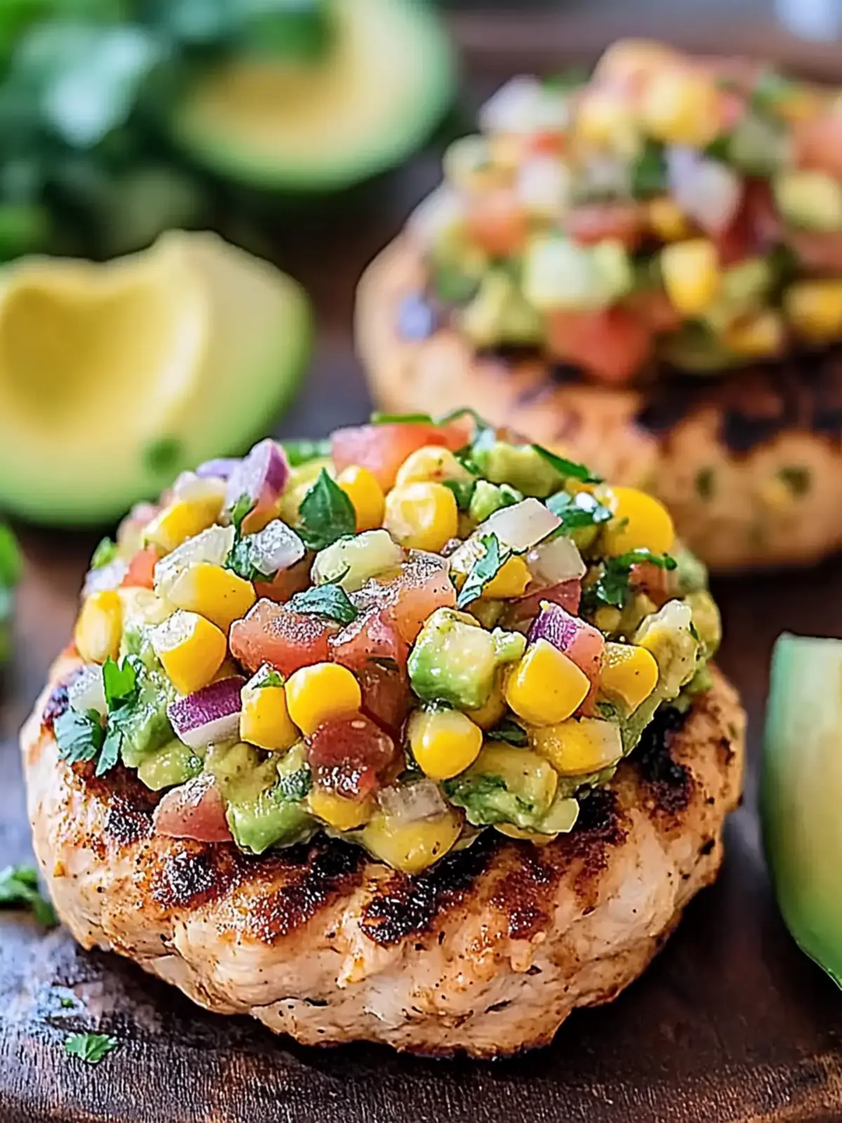 Savory Chicken Burgers with Zesty Avocado Corn Salsa Delight 4 Chicken Burgers with Zesty Avocado Corn Salsa