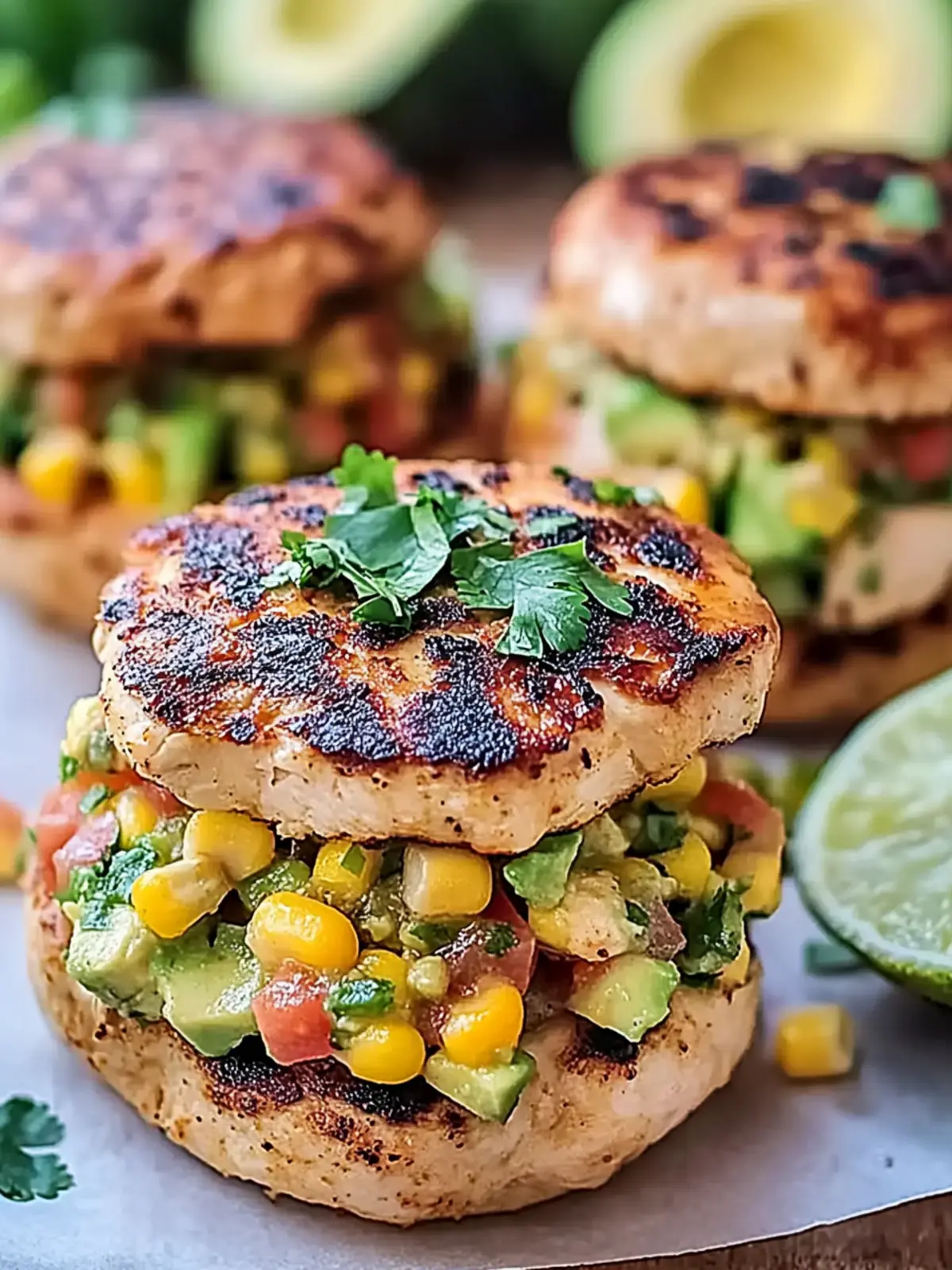 Savory Chicken Burgers with Zesty Avocado Corn Salsa Delight 3 Chicken Burgers with Zesty Avocado Corn Salsa