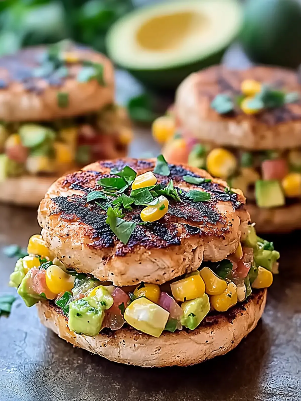 Savory Chicken Burgers with Zesty Avocado Corn Salsa Delight 2 Chicken Burgers with Zesty Avocado Corn Salsa