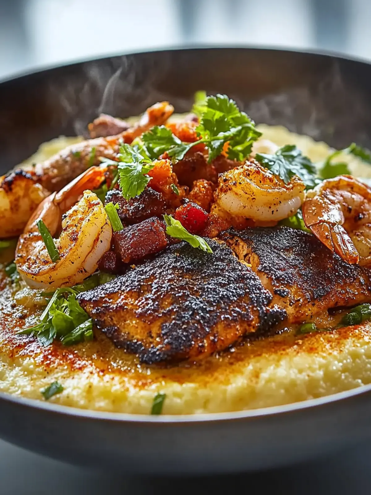 Blackened Catfish, Shrimp, and Sausage Comfort Bowl Delight 3 Blackened Catfish, Shrimp, and Sausage with Creamy Cheddar Grits