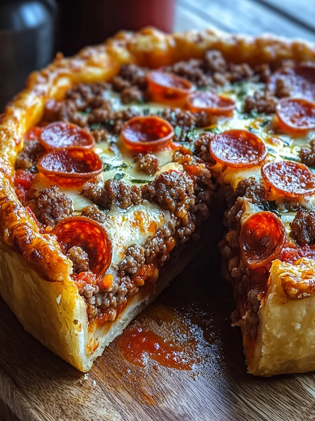 Ultimate Deep-Dish Hamburger, Sausage & Pepperoni Pie Delight 4 Deep-Dish Hamburger, Sausage & Pepperoni Pie