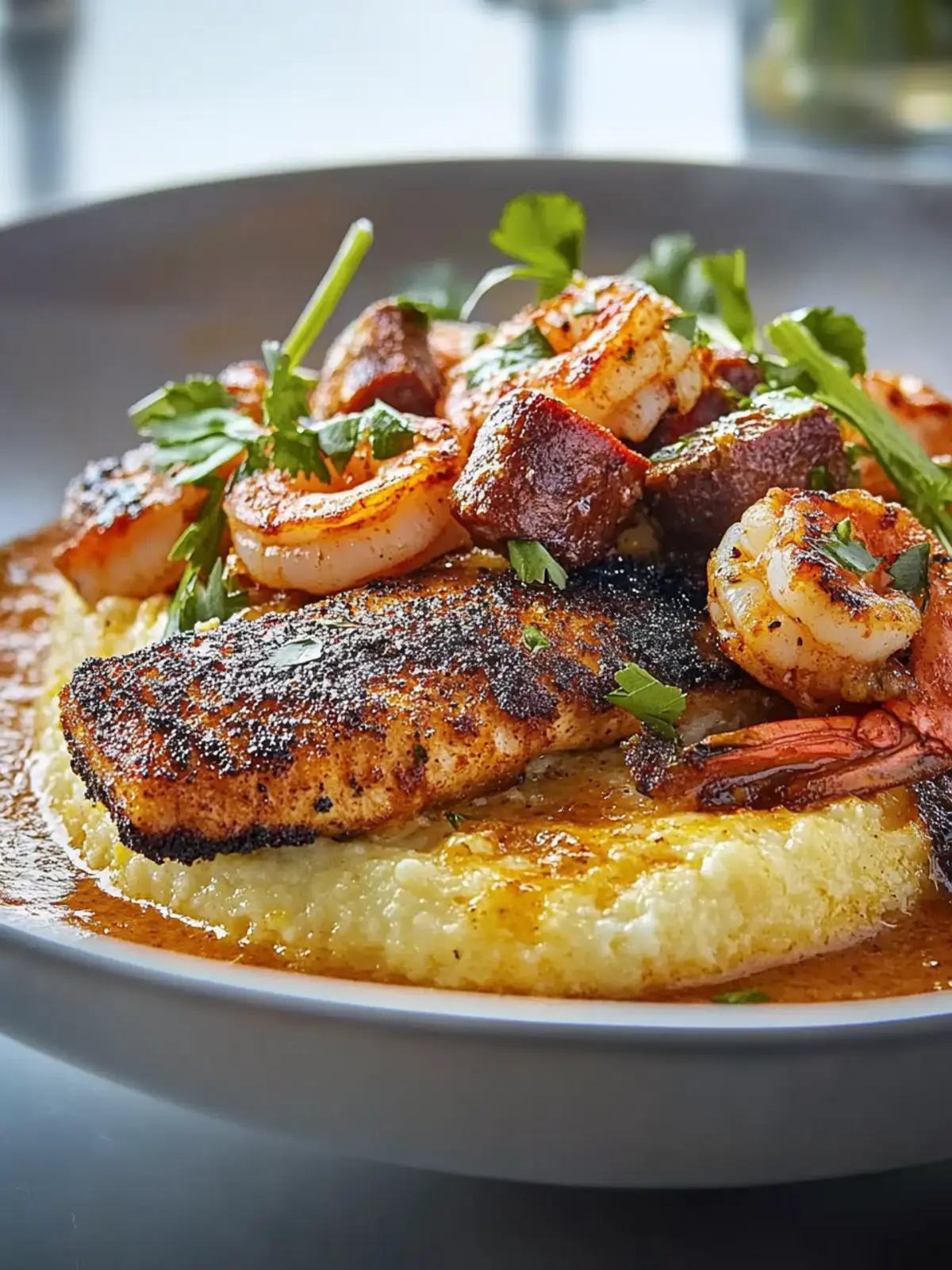 Blackened Catfish, Shrimp, and Sausage Comfort Bowl Delight 5 Blackened Catfish, Shrimp, and Sausage with Creamy Cheddar Grits