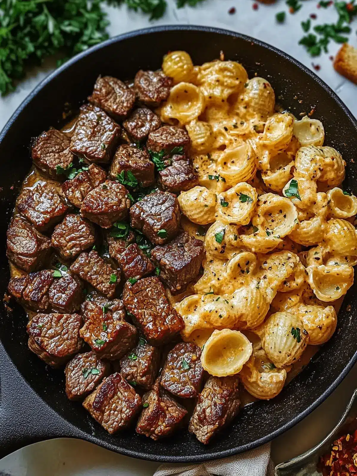Cajun Steak Bites and Cheesy Garlic Shells Skillet Delight 5 Cajun Steak Bites and Cheesy Garlic Shells Skillet