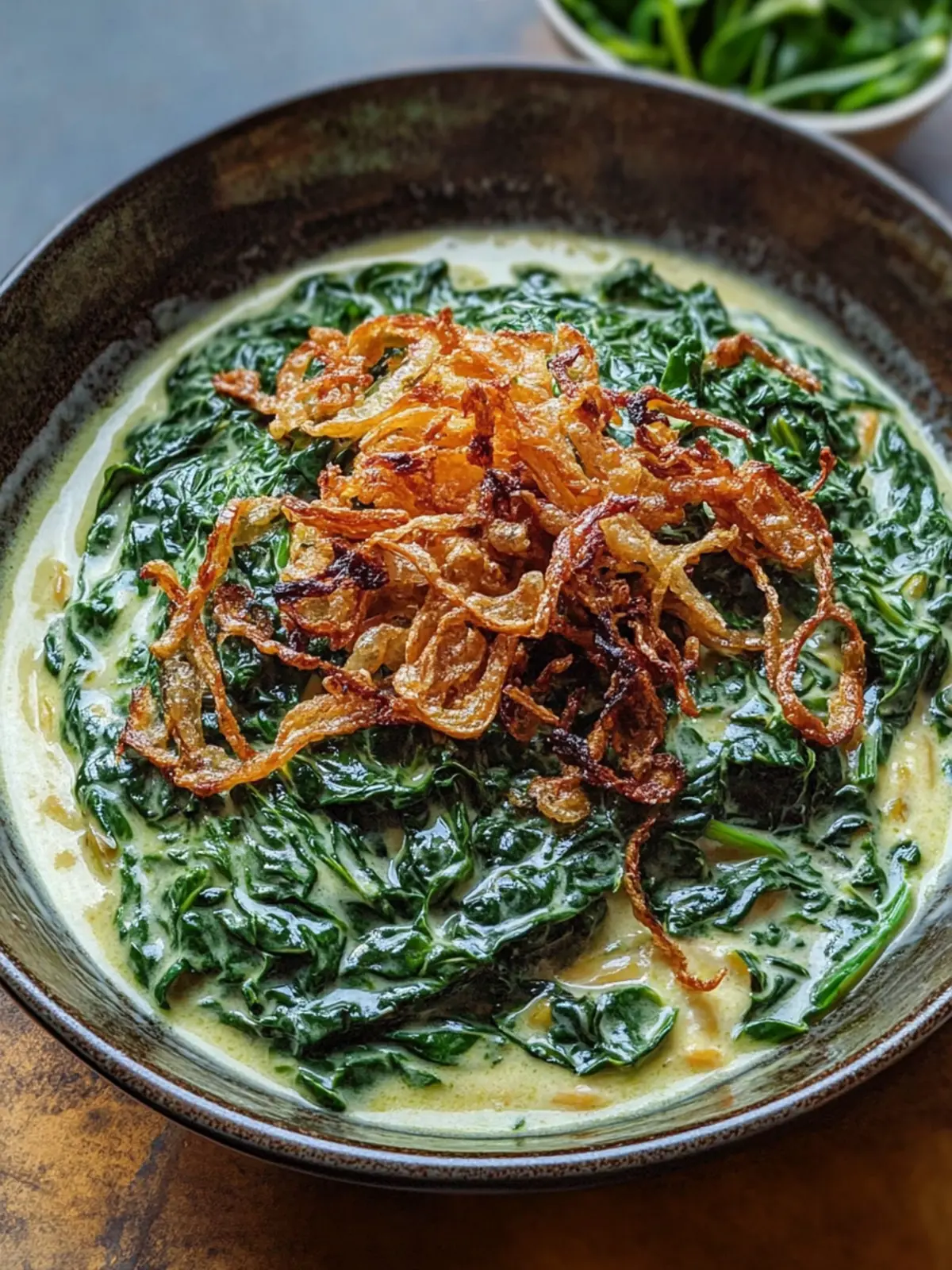 Creamed Spinach with Fried Shallots: A Quick Gourmet Delight 2 Creamed Spinach with Fried Shallots