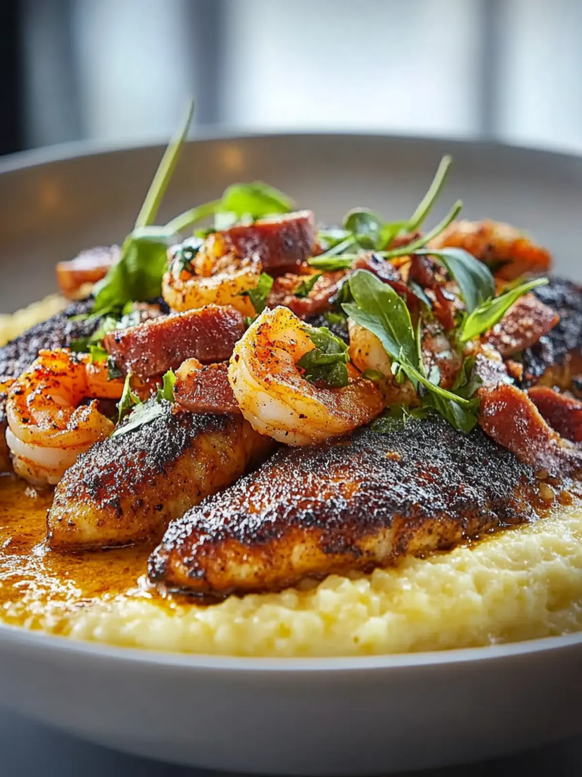 Blackened Catfish, Shrimp, and Sausage Comfort Bowl Delight 4 Blackened Catfish, Shrimp, and Sausage with Creamy Cheddar Grits