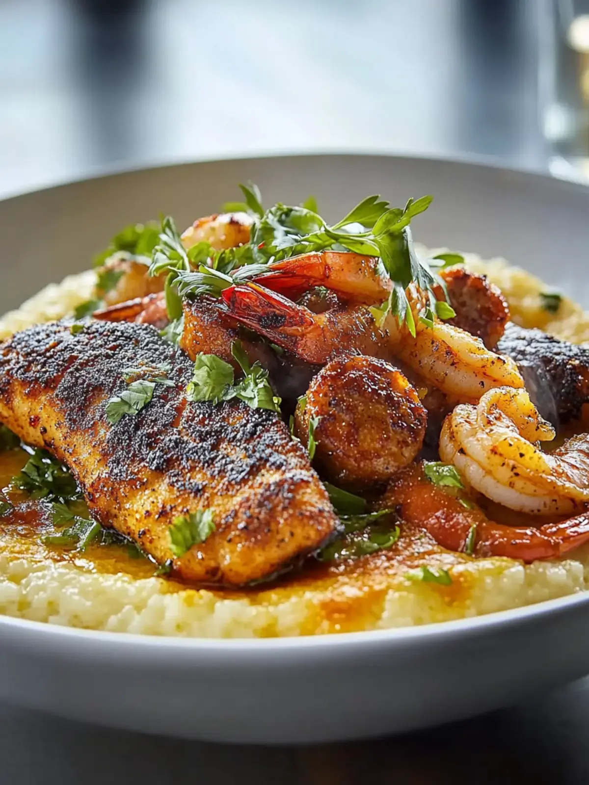 Blackened Catfish, Shrimp, and Sausage Comfort Bowl Delight 2 Blackened Catfish, Shrimp, and Sausage with Creamy Cheddar Grits