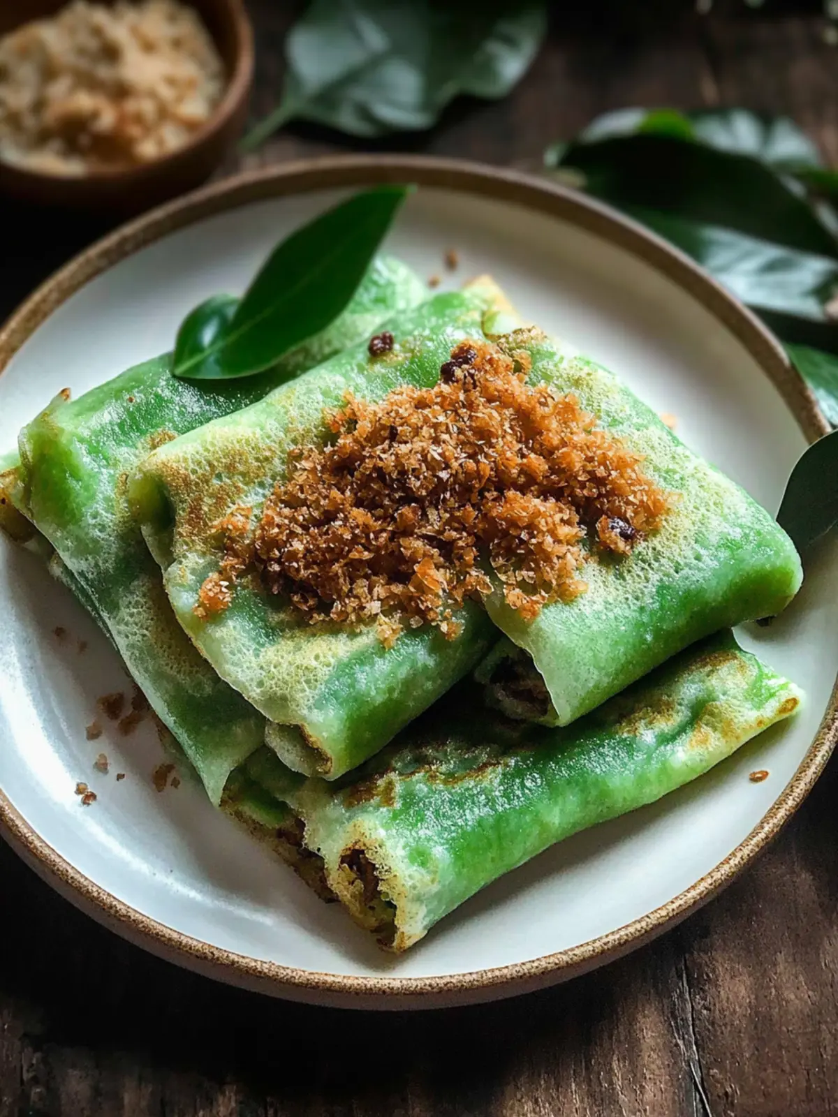 Delicious Vegan Kueh Dadar: Sweet Coconut Pandan Crepes! 4 Vegan Kueh Dadar (Coconut Pandan Crepes)