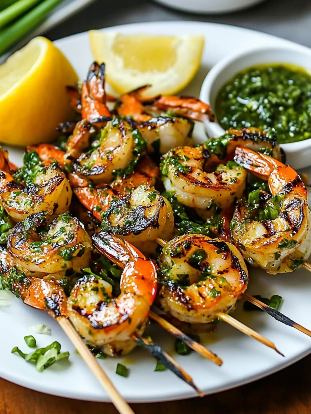 Spicy Grilled Gulf Shrimp Kabobs with Chimichurri Bliss 3 Spicy Grilled Gulf Shrimp Kabobs with Chimichurri over Grilled Garlic Scapes