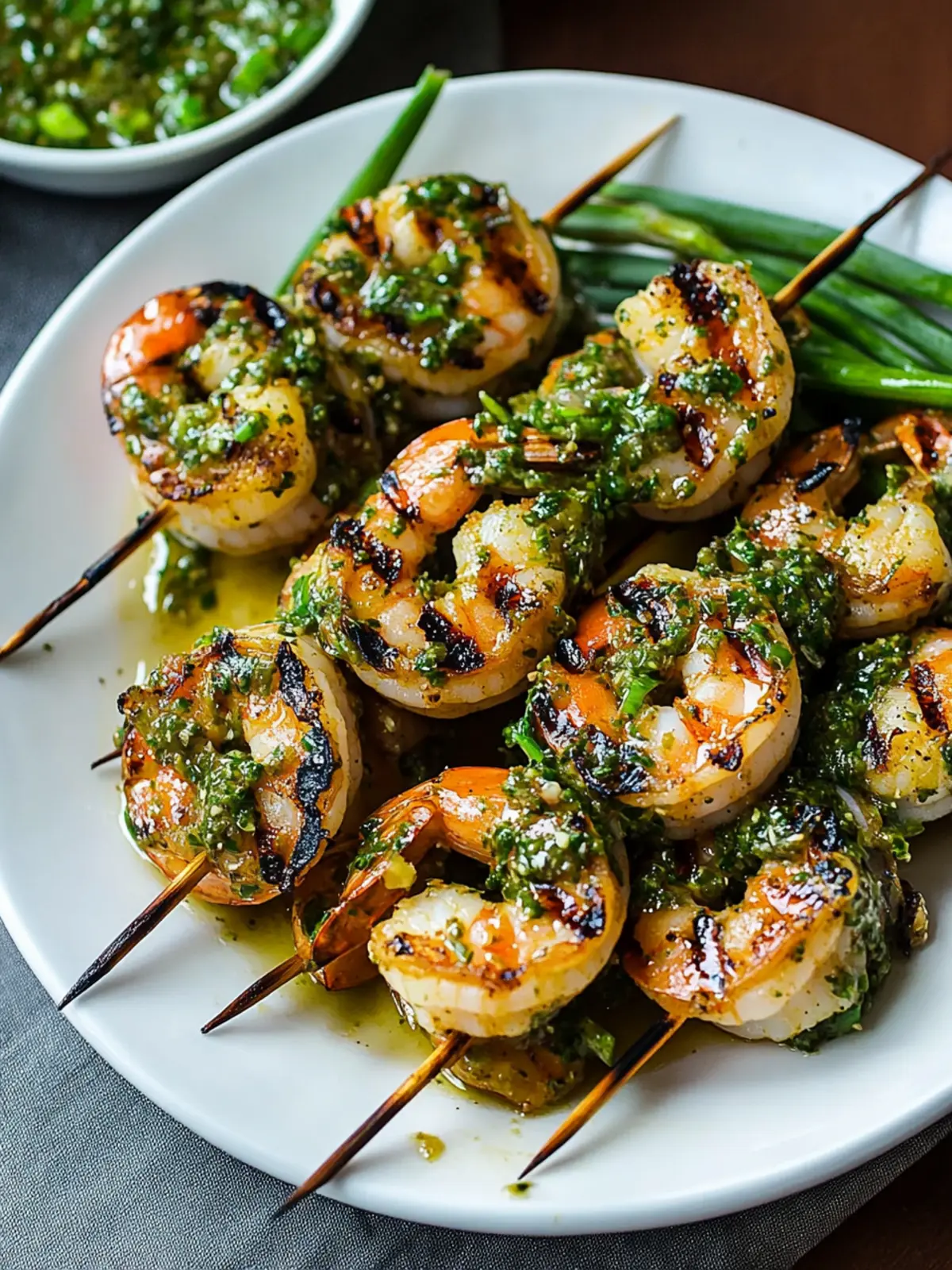 Spicy Grilled Gulf Shrimp Kabobs with Chimichurri Bliss 4 Spicy Grilled Gulf Shrimp Kabobs with Chimichurri over Grilled Garlic Scapes