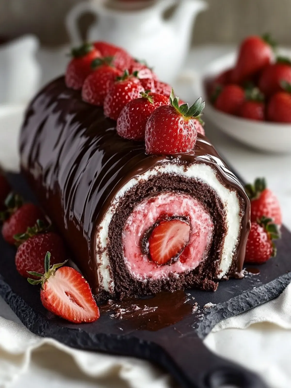 Decadent Chocolate-Covered Strawberry Swiss Roll Cake Delight 3 Chocolate-Covered Strawberry Swiss Roll Cake