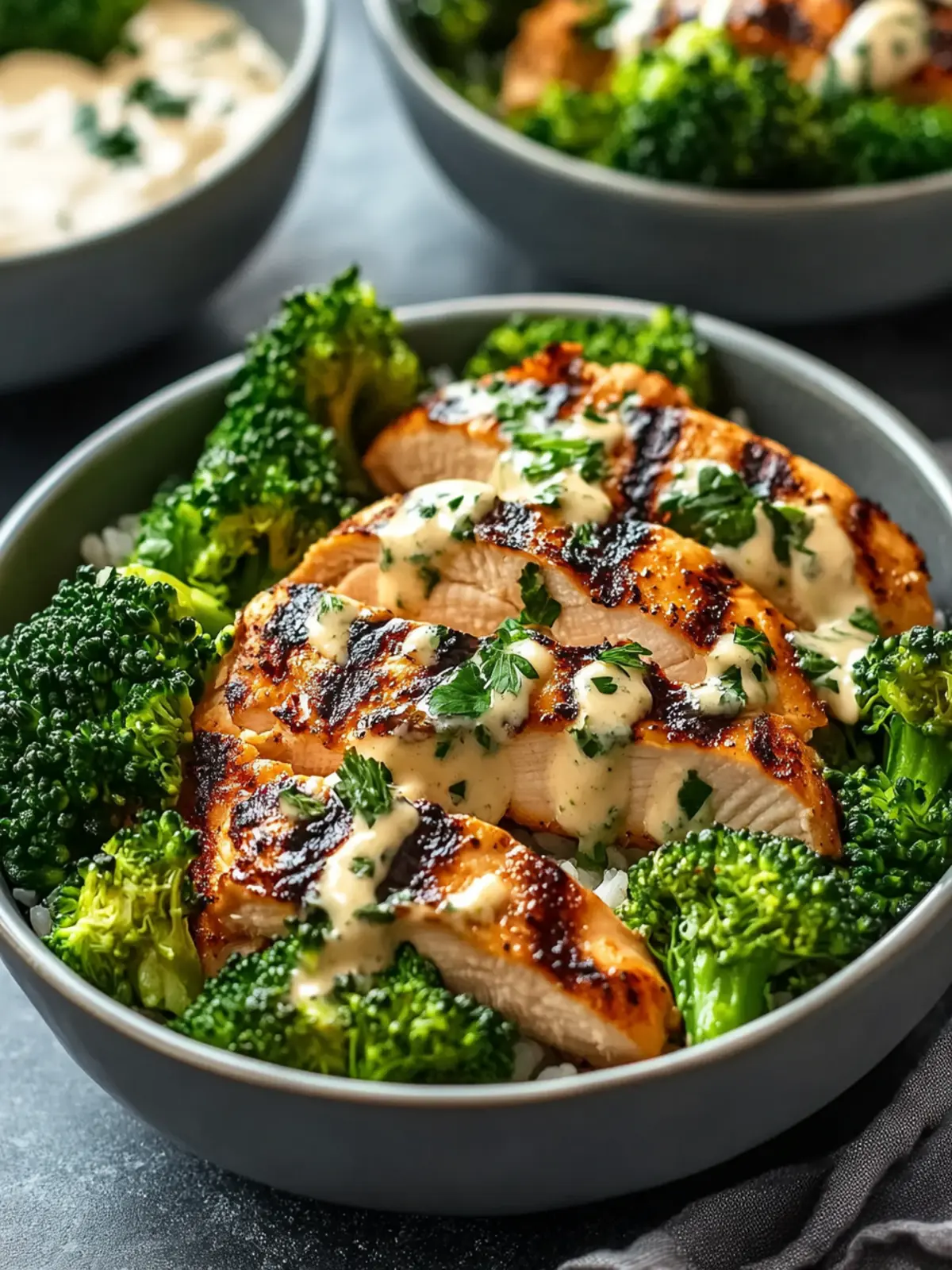 Grilled Chicken & Broccoli Bowls with Creamy Garlic Bliss 4 Grilled Chicken & Broccoli Bowls with Creamy Garlic Sauce