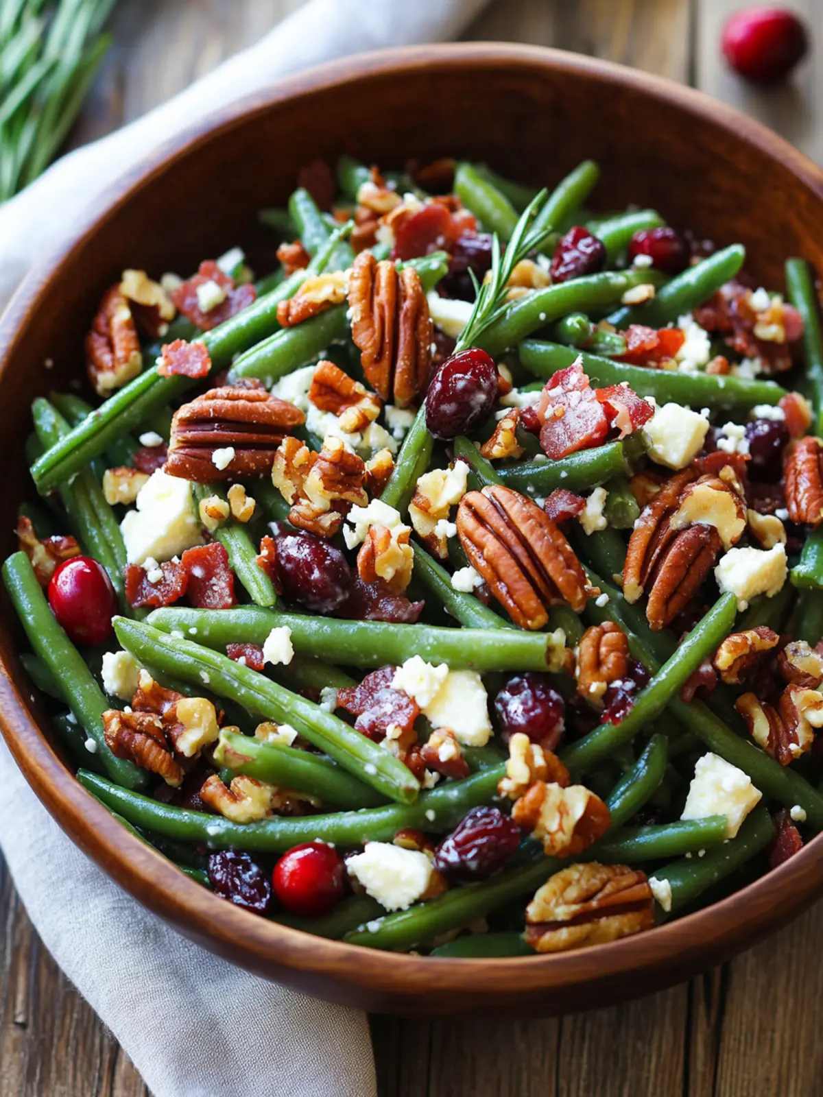 Green Bean Salad with Bacon, Pecans, Cranberries, and Feta