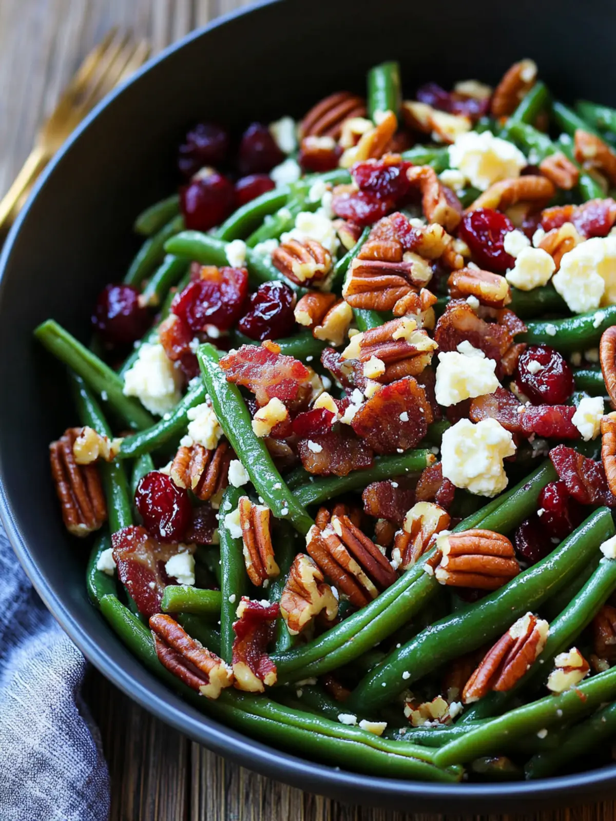 Green Bean Salad with Bacon, Pecans, Cranberries, and Feta