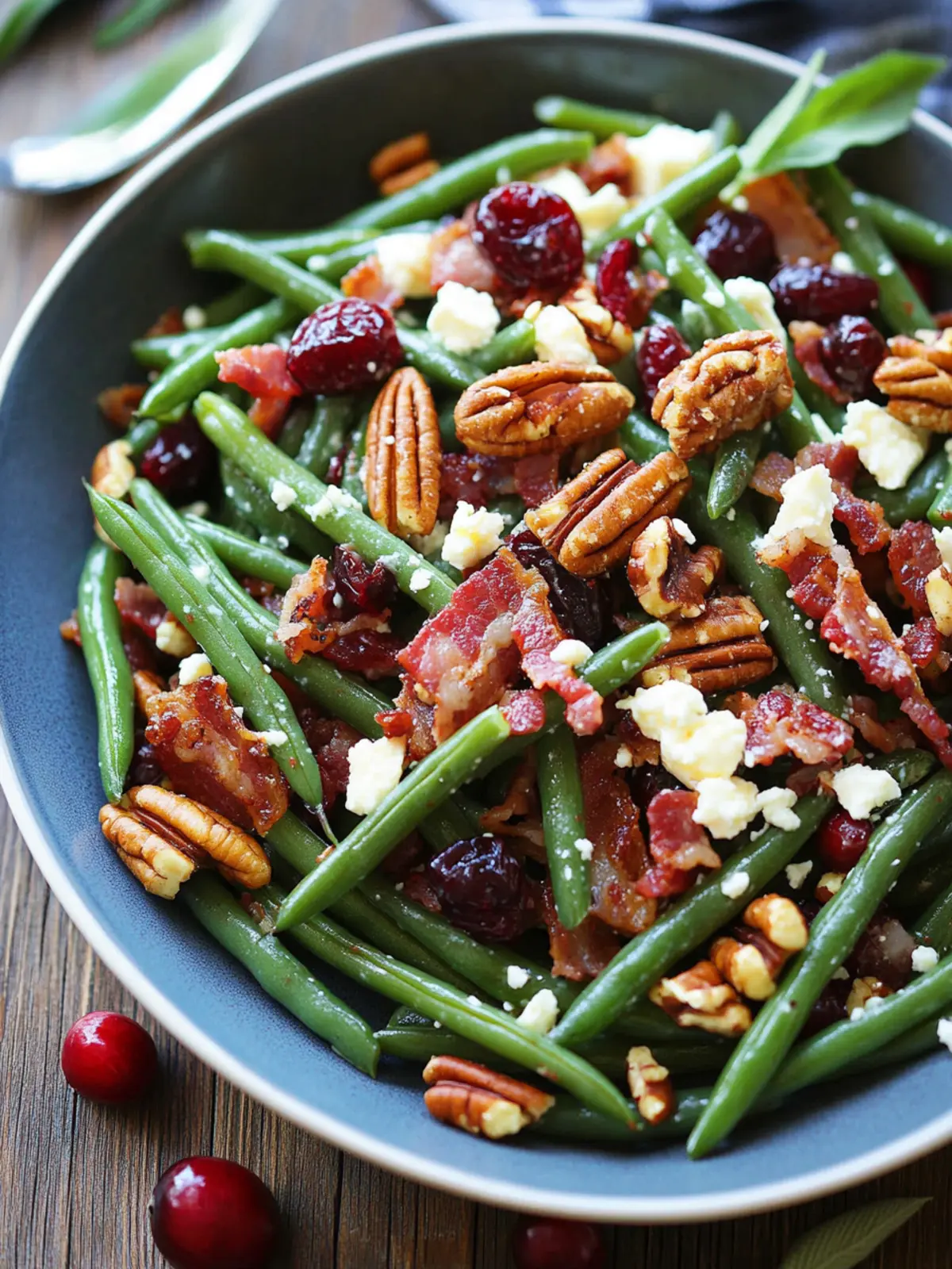 Green Bean Salad with Bacon, Pecans, Cranberries, and Feta