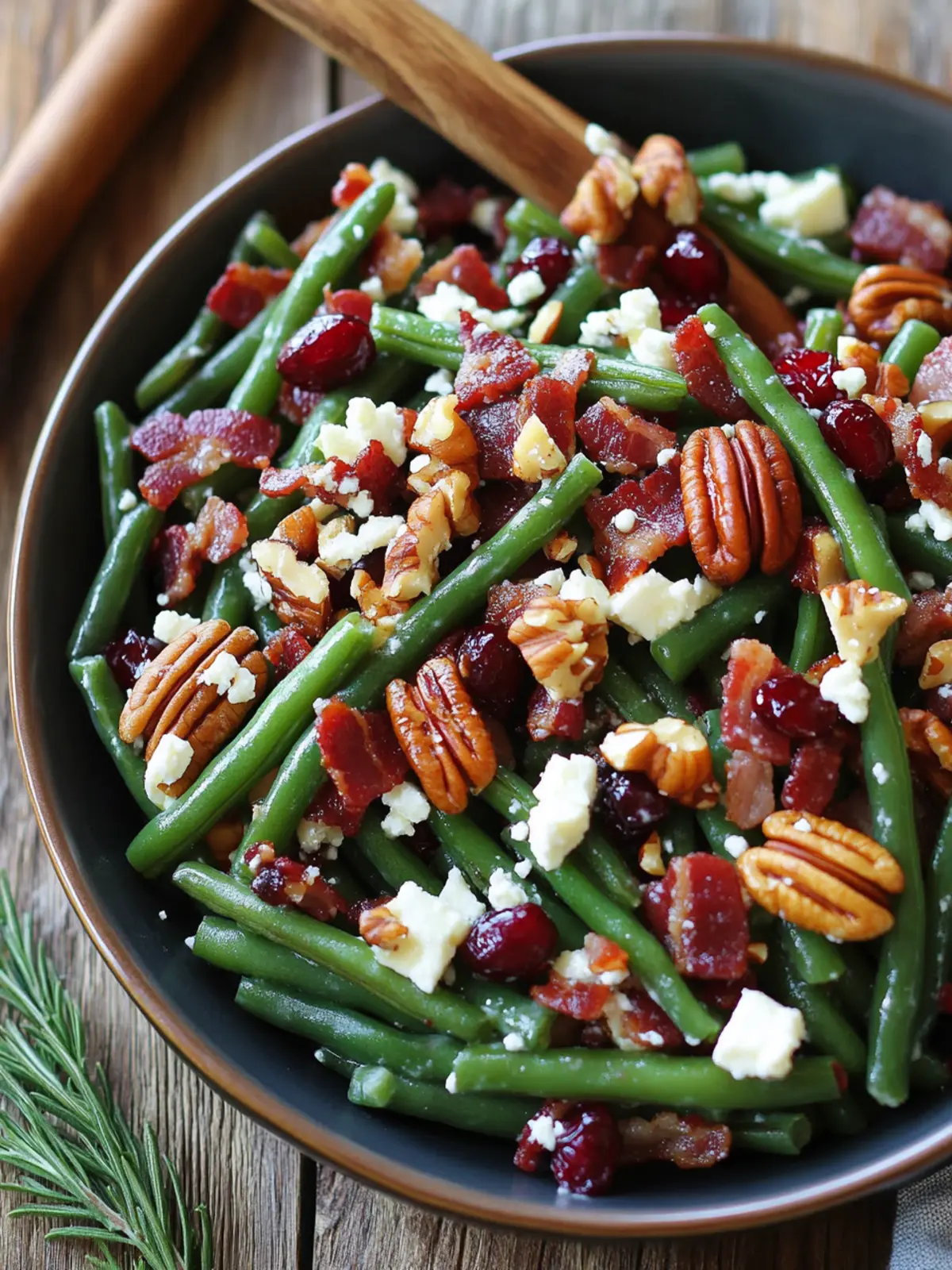 Green Bean Salad with Bacon, Pecans, Cranberries, and Feta