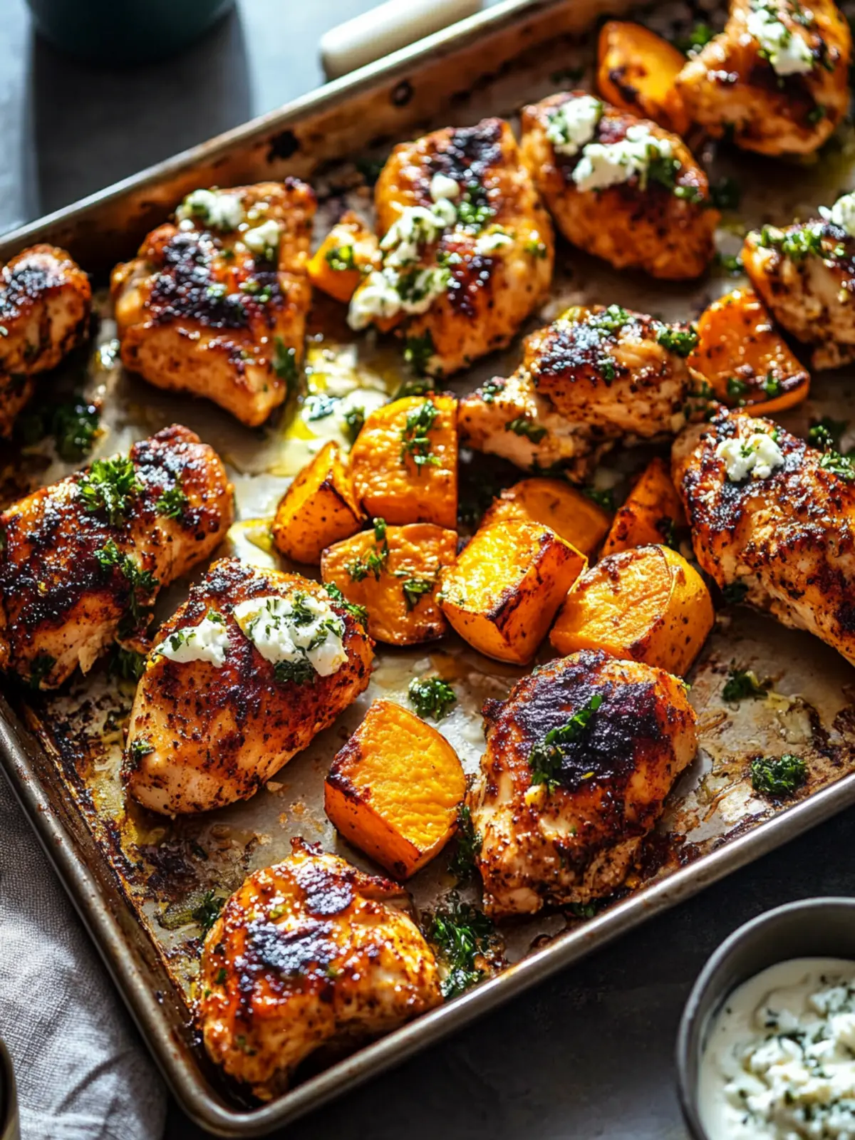 Savory Sheet Pan Lemon Garlic Chicken with Sweet Potatoes 5 Sheet Pan Lemon Garlic Chicken with Sweet Potatoes and Feta Yogurt Sauce