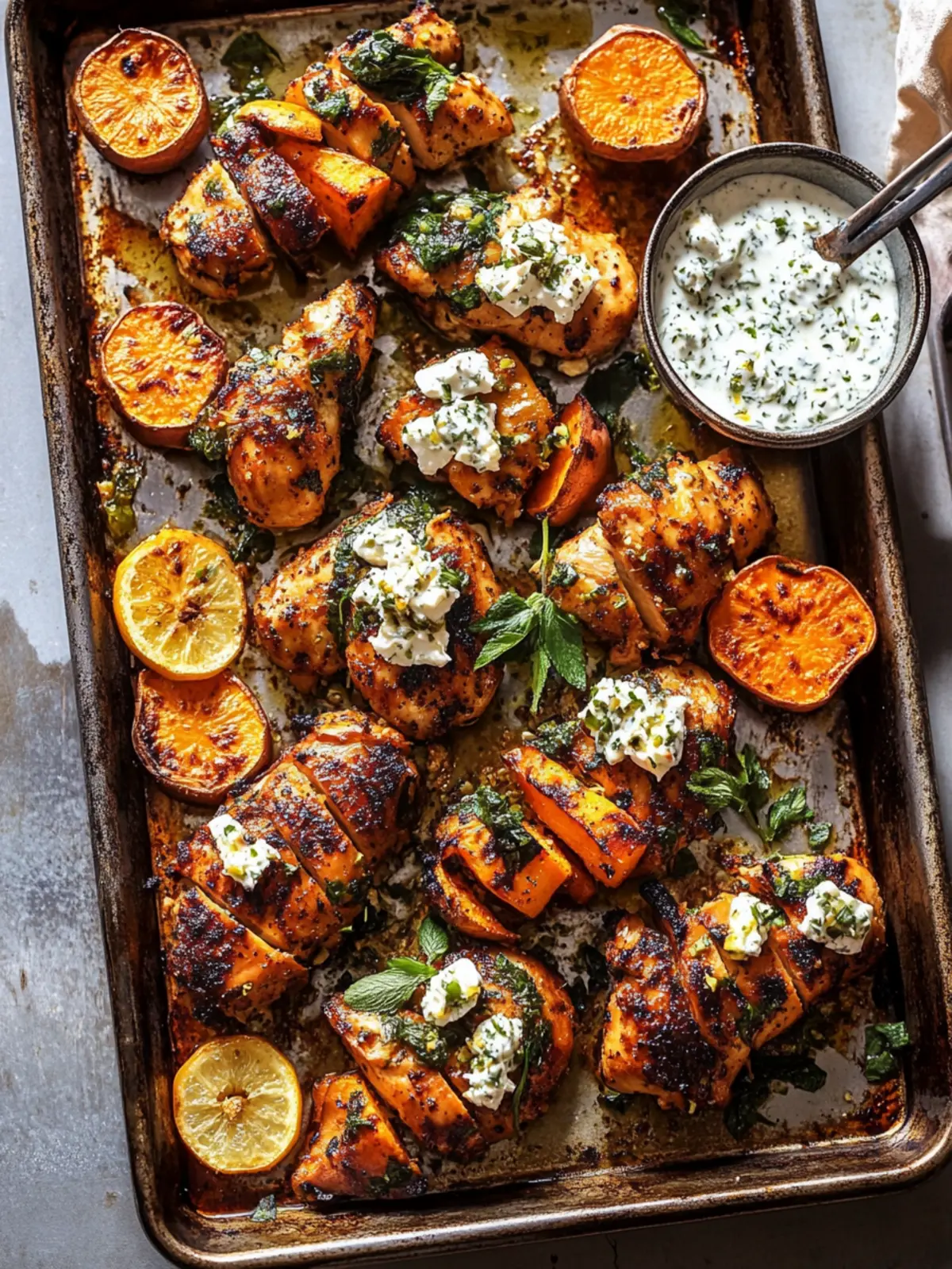 Savory Sheet Pan Lemon Garlic Chicken with Sweet Potatoes 4 Sheet Pan Lemon Garlic Chicken with Sweet Potatoes and Feta Yogurt Sauce