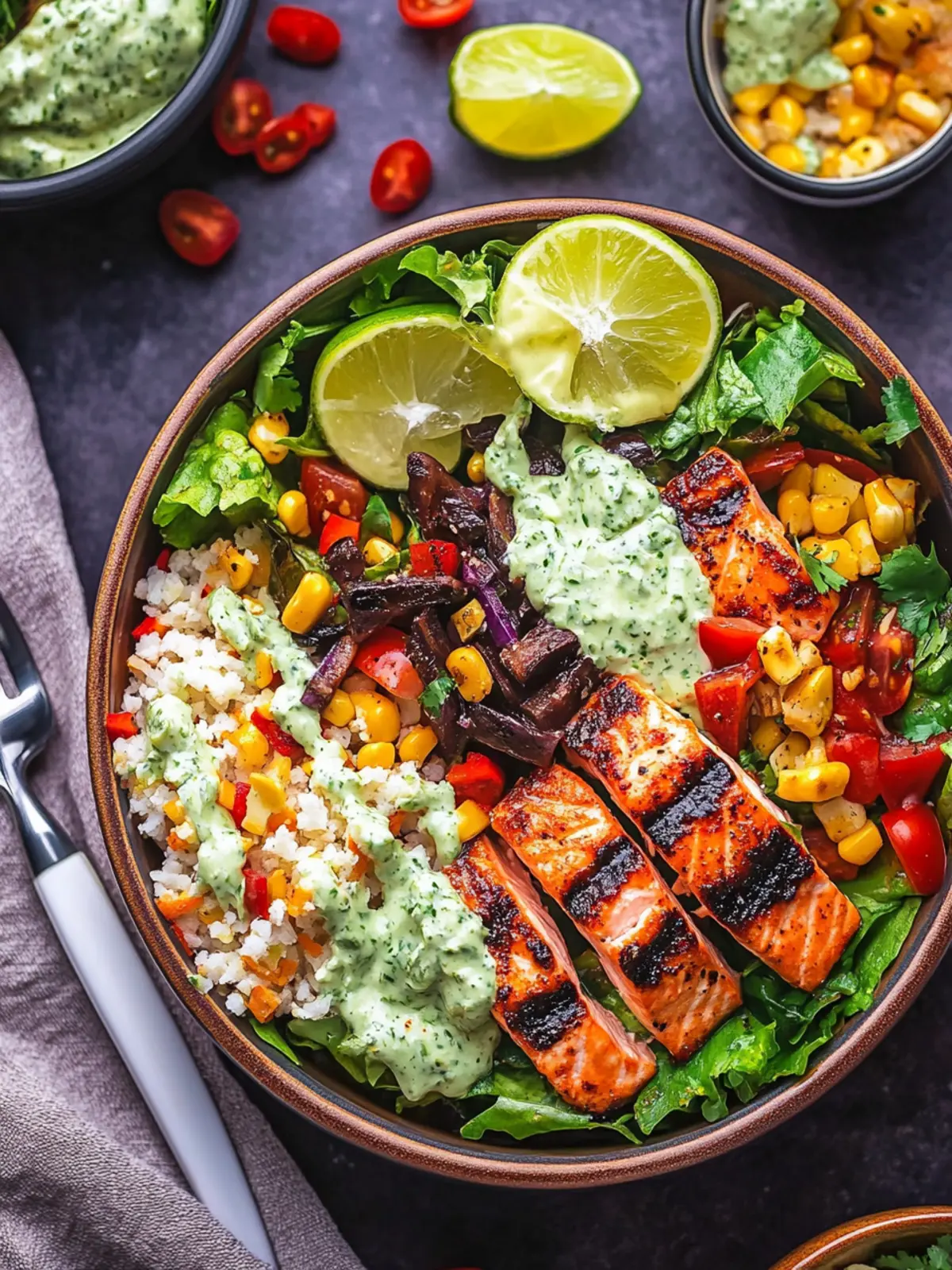 Mexican Salmon Salad Bowl with Creamy Poblano Ranch Twist 4 Mexican Salmon Salad Bowl with Roasted Poblano Ranch Dressing