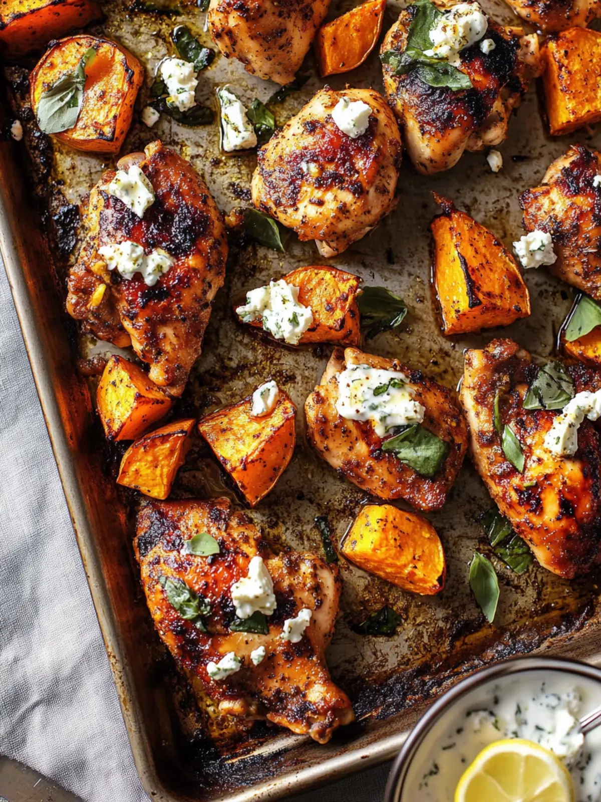 Savory Sheet Pan Lemon Garlic Chicken with Sweet Potatoes 2 Sheet Pan Lemon Garlic Chicken with Sweet Potatoes and Feta Yogurt Sauce