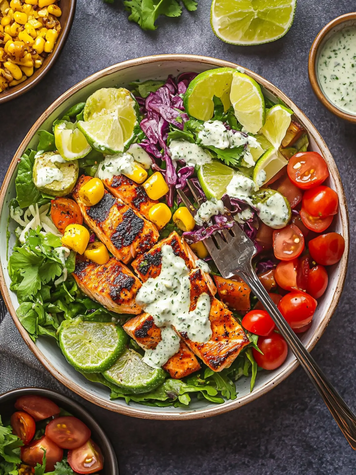 Mexican Salmon Salad Bowl with Creamy Poblano Ranch Twist 3 Mexican Salmon Salad Bowl with Roasted Poblano Ranch Dressing