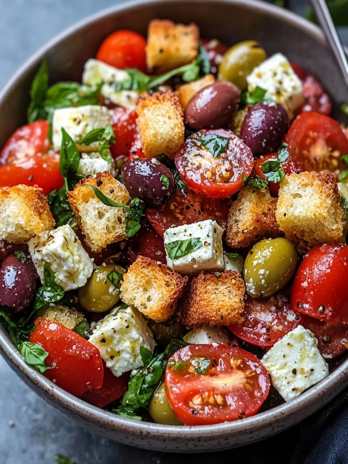 Feta, Tomato & Olive Salad with Garlicky Croutons Bliss 2 Feta, Tomato & Olive Salad with Garlicky Croutons