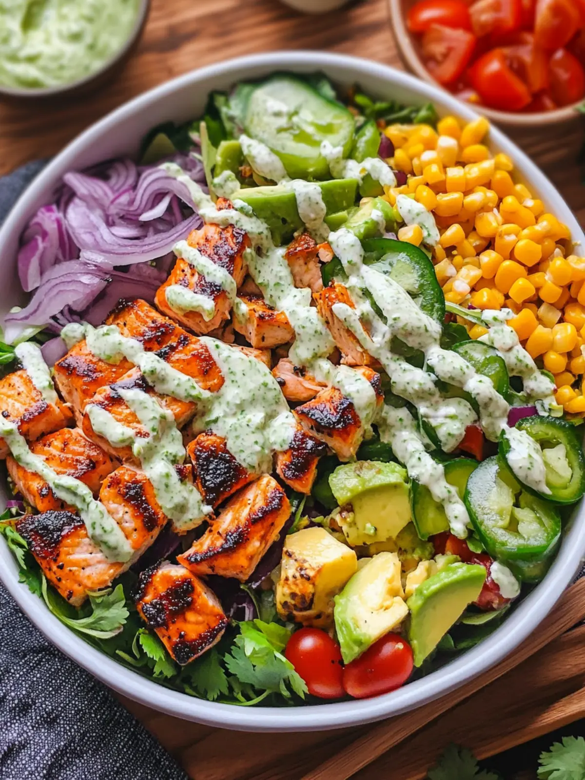 Mexican Salmon Salad Bowl with Creamy Poblano Ranch Twist 5 Mexican Salmon Salad Bowl with Roasted Poblano Ranch Dressing
