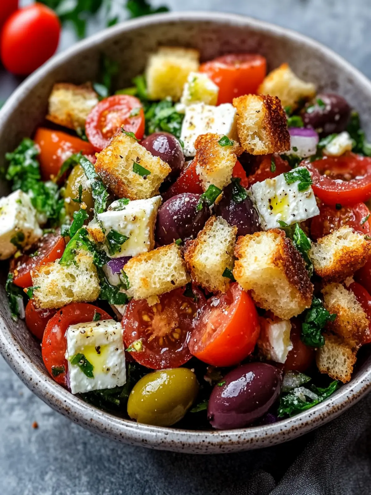 Feta, Tomato & Olive Salad with Garlicky Croutons Bliss 4 Feta, Tomato & Olive Salad with Garlicky Croutons