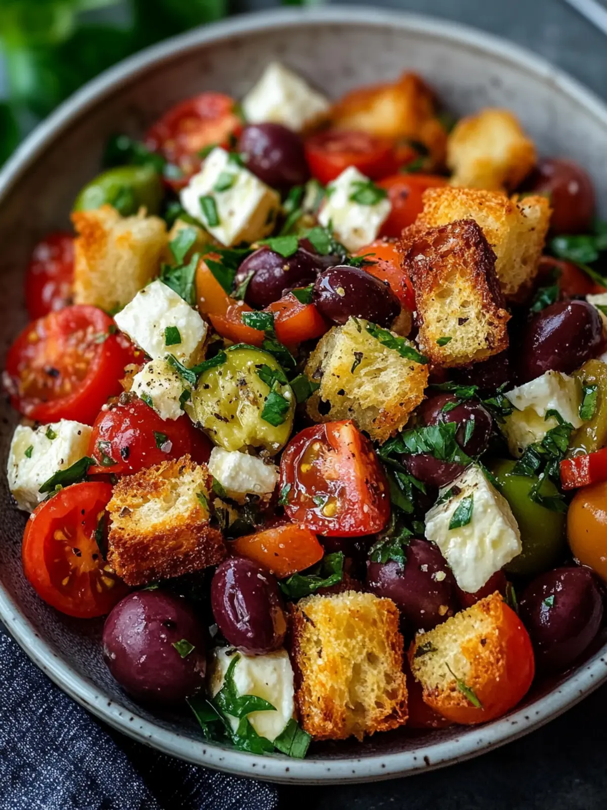 Feta, Tomato & Olive Salad with Garlicky Croutons Bliss 3 Feta, Tomato & Olive Salad with Garlicky Croutons