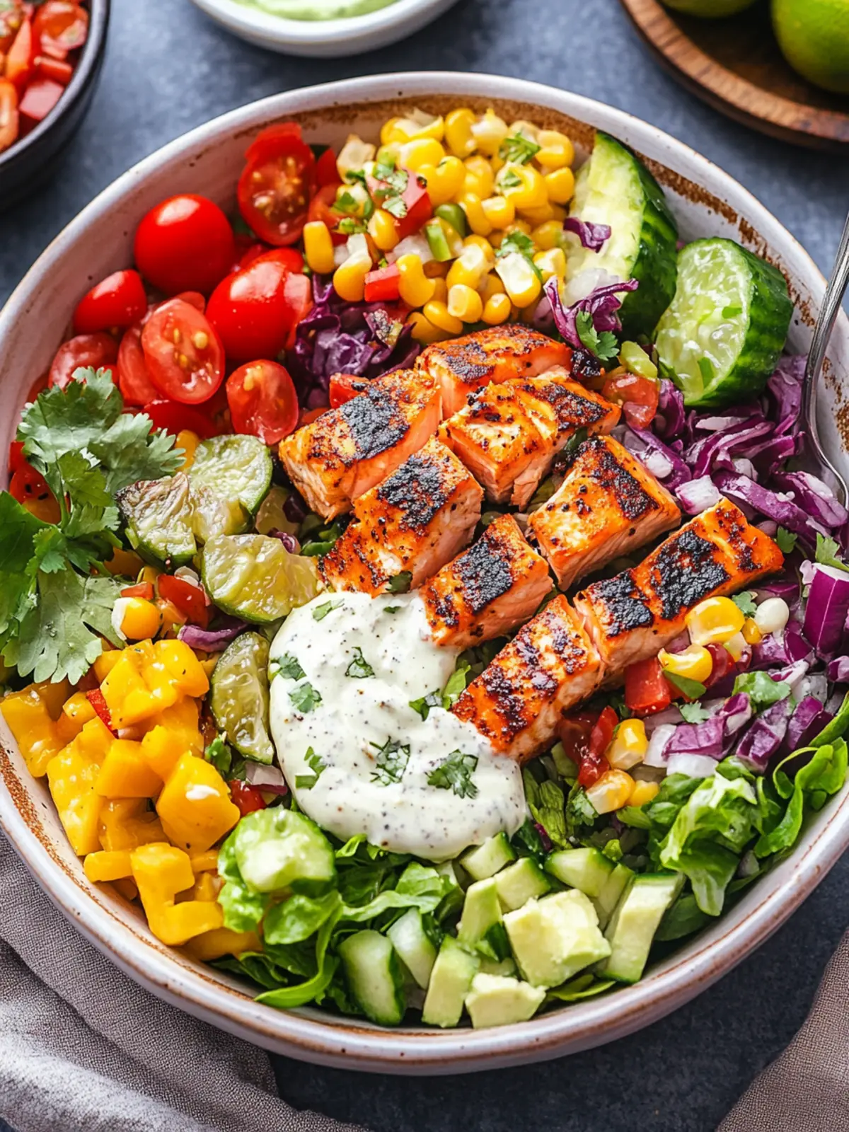 Mexican Salmon Salad Bowl with Creamy Poblano Ranch Twist 2 Mexican Salmon Salad Bowl with Roasted Poblano Ranch Dressing
