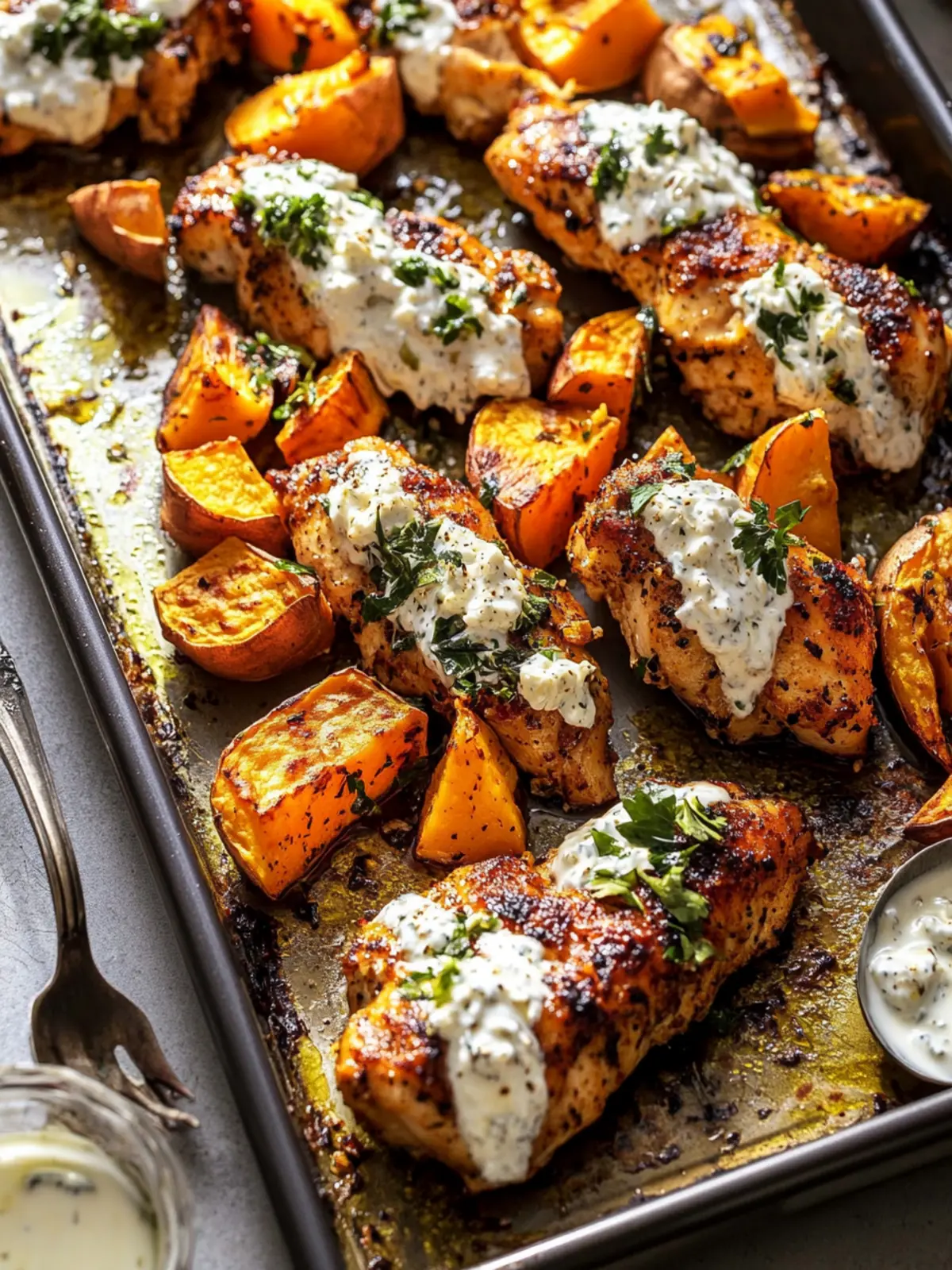 Savory Sheet Pan Lemon Garlic Chicken with Sweet Potatoes 3 Sheet Pan Lemon Garlic Chicken with Sweet Potatoes and Feta Yogurt Sauce