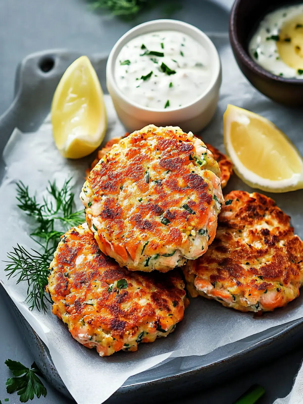Delicious Salmon Patties with Zesty Lemon Dill Sauce 3 Salmon Patties