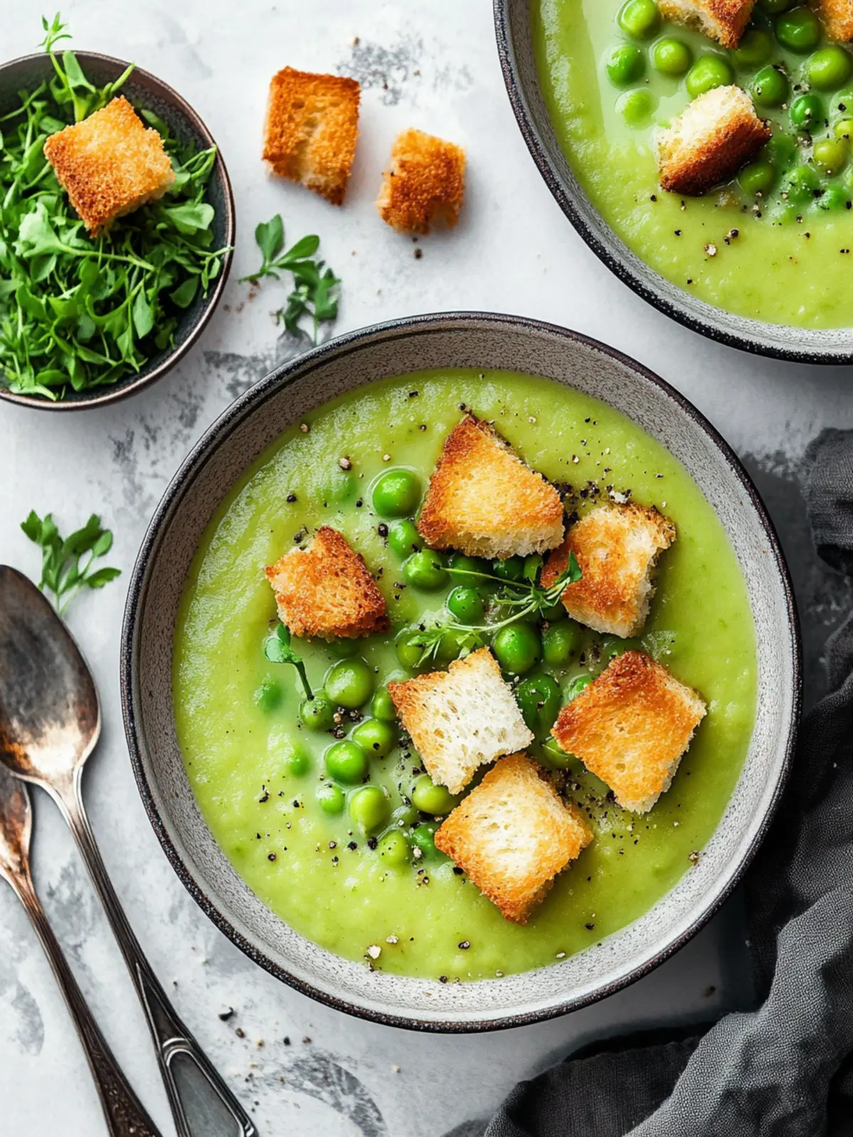 Homemade Comfort Pea Soup with Croutons