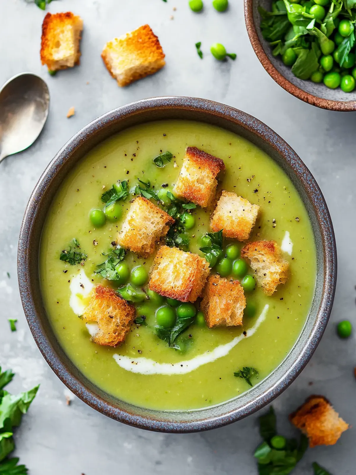 Homemade Comfort Pea Soup with Croutons