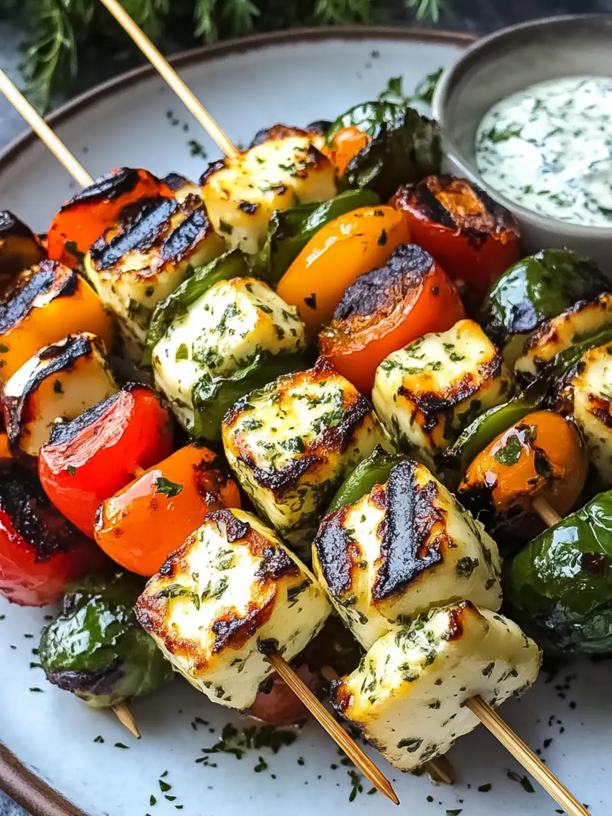 Mediterranean Grilled Halloumi Skewers with Creamy Herb Sauce