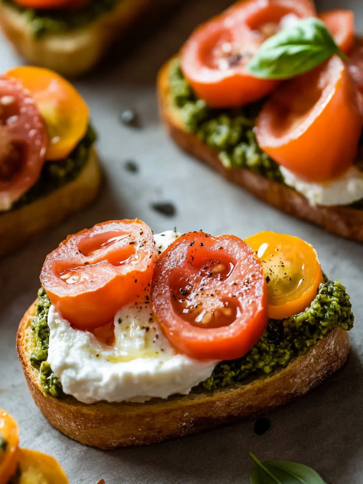 Tomato Crostini with Pesto and Ricotta
