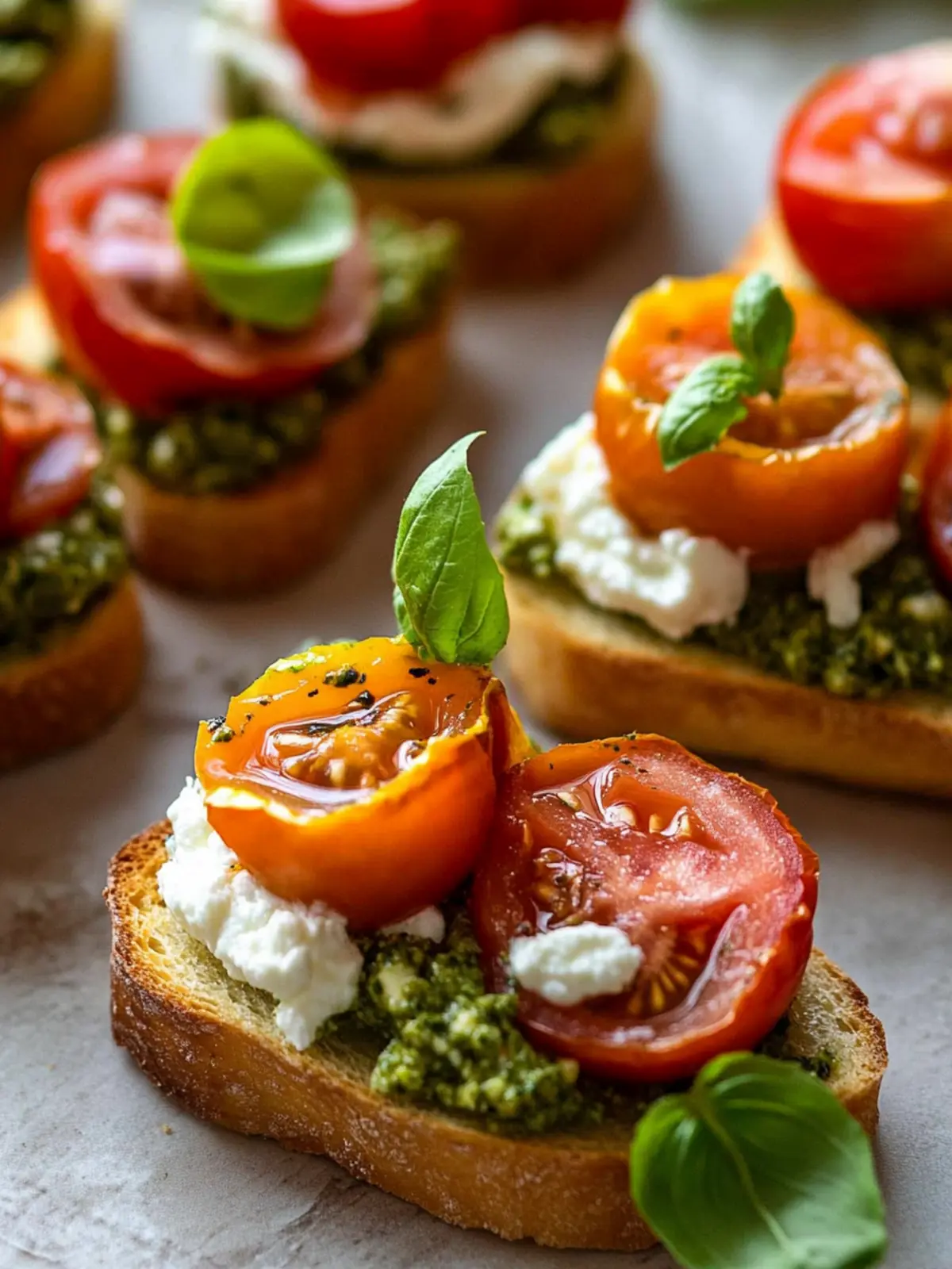 Tomato Crostini with Pesto and Ricotta